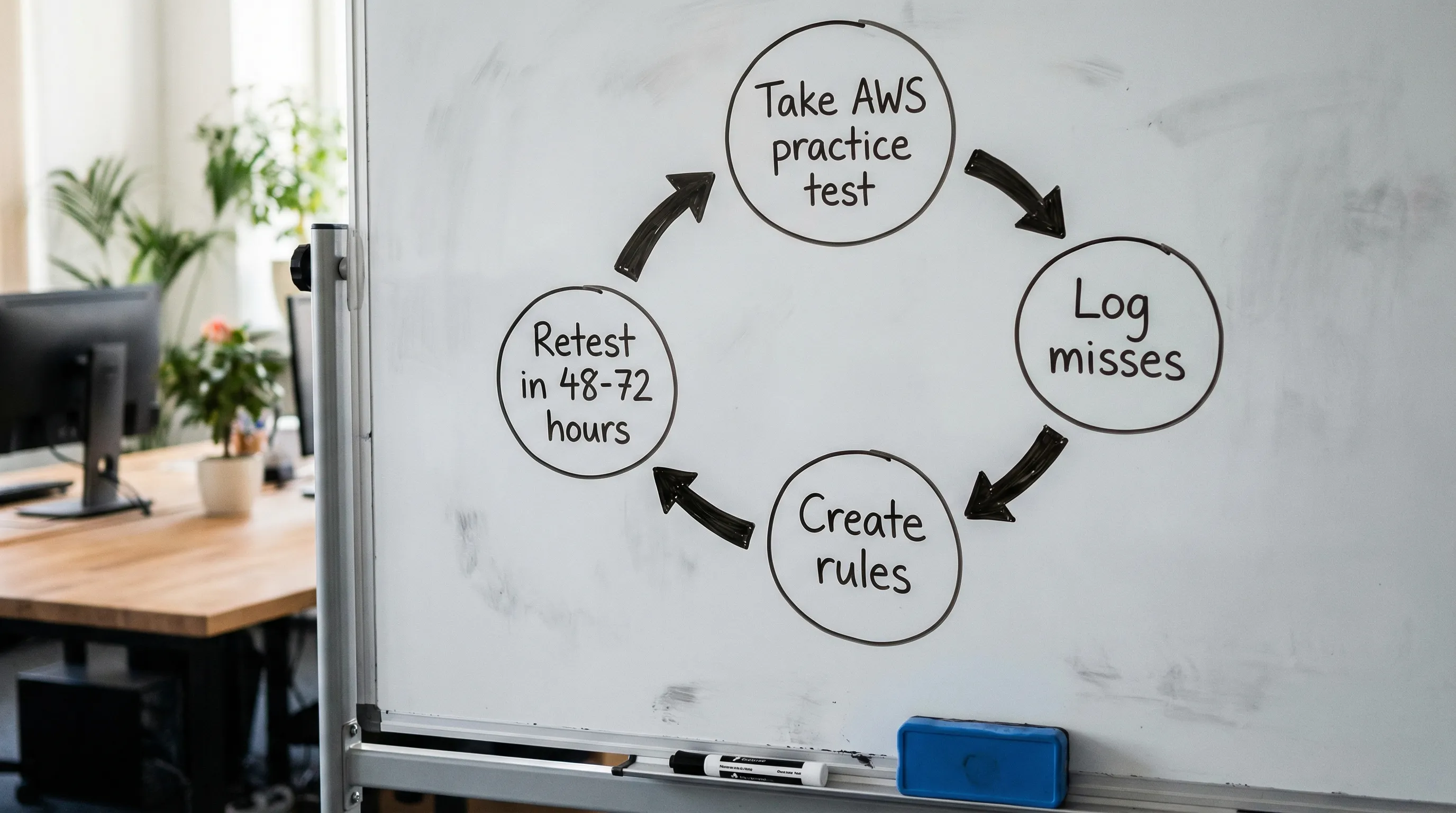 A simple four-step loop diagram labeled: Take AWS practice test, Log misses, Create rules, Retest in 48-72 hours, with arrows forming a cycle.