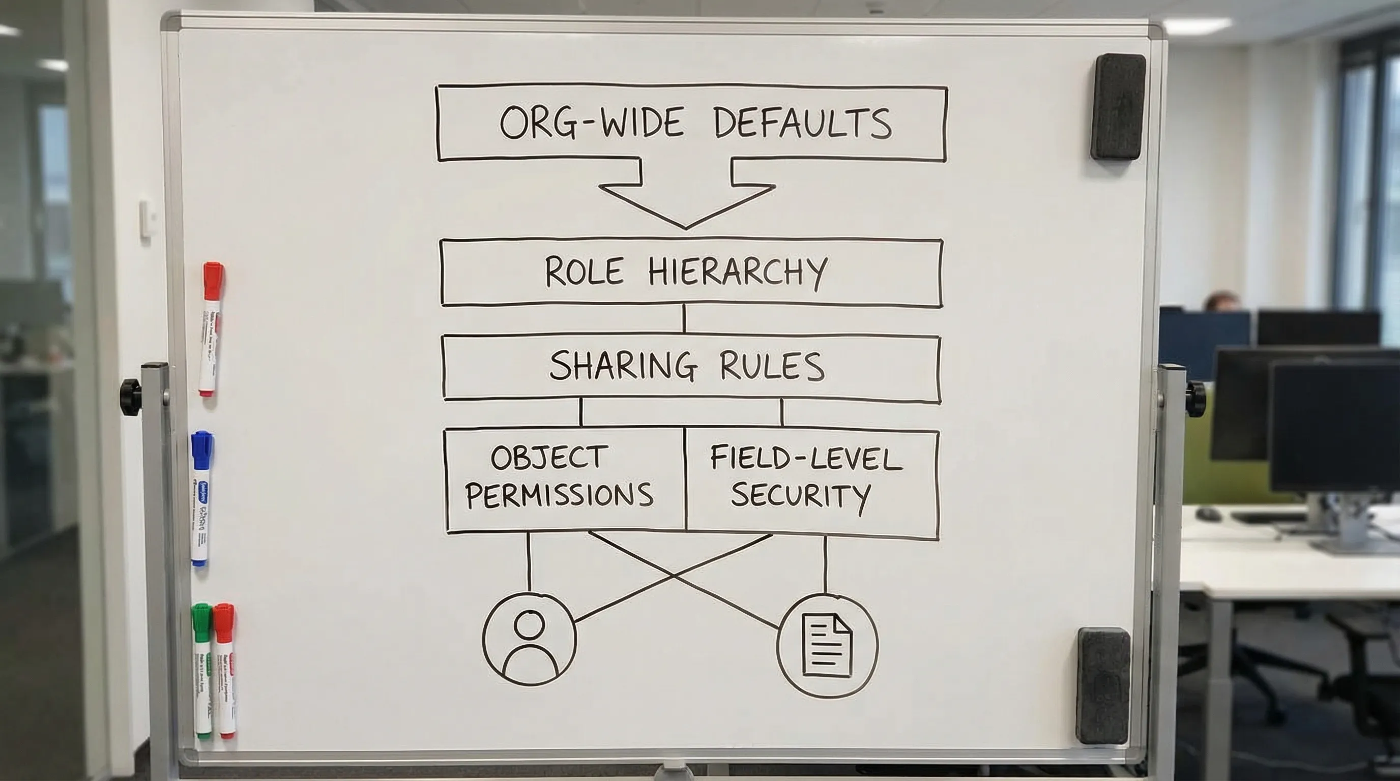 A simple layered diagram showing Salesforce security from broad to granular: org-wide defaults, role hierarchy, sharing rules, then object permissions and field-level security, with a user icon and a record icon to illustrate access decisions.