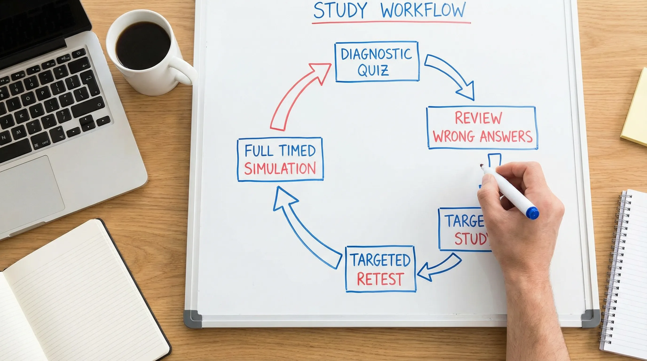 A study workflow diagram showing a loop: diagnostic quiz, review wrong answers, targeted study, targeted retest, then full timed simulation, with an arrow back to review.