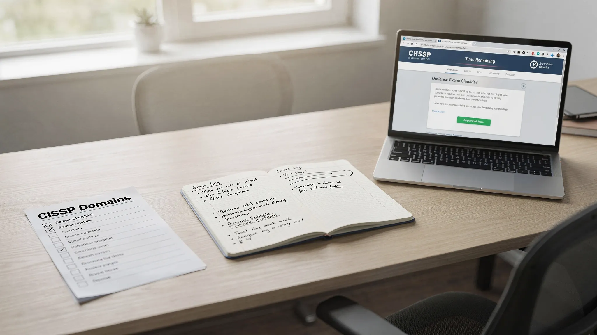 A focused study setup with a notebook error log, a printed CISSP domain checklist, and a laptop open to an online practice exam simulator with a visible timer, showing a quiet desk environment.