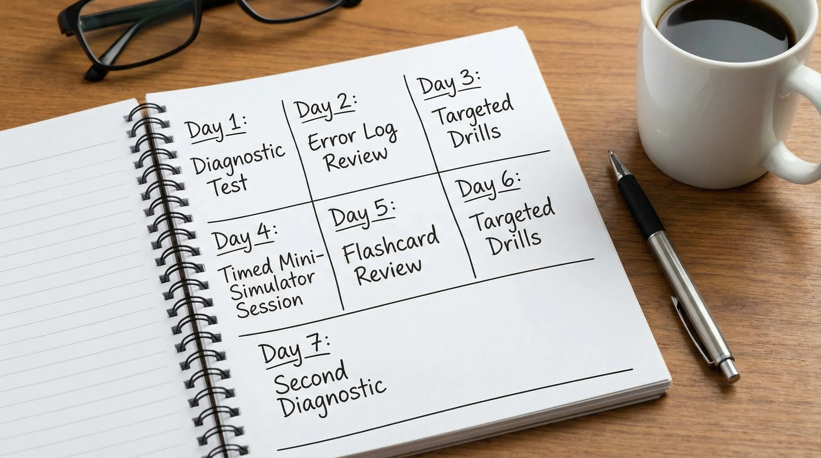 A simple 7-day study calendar labeled Day 1 through Day 7, showing diagnostic test, error log review, targeted drills, a timed mini-simulator session, flashcard review, and a second diagnostic.