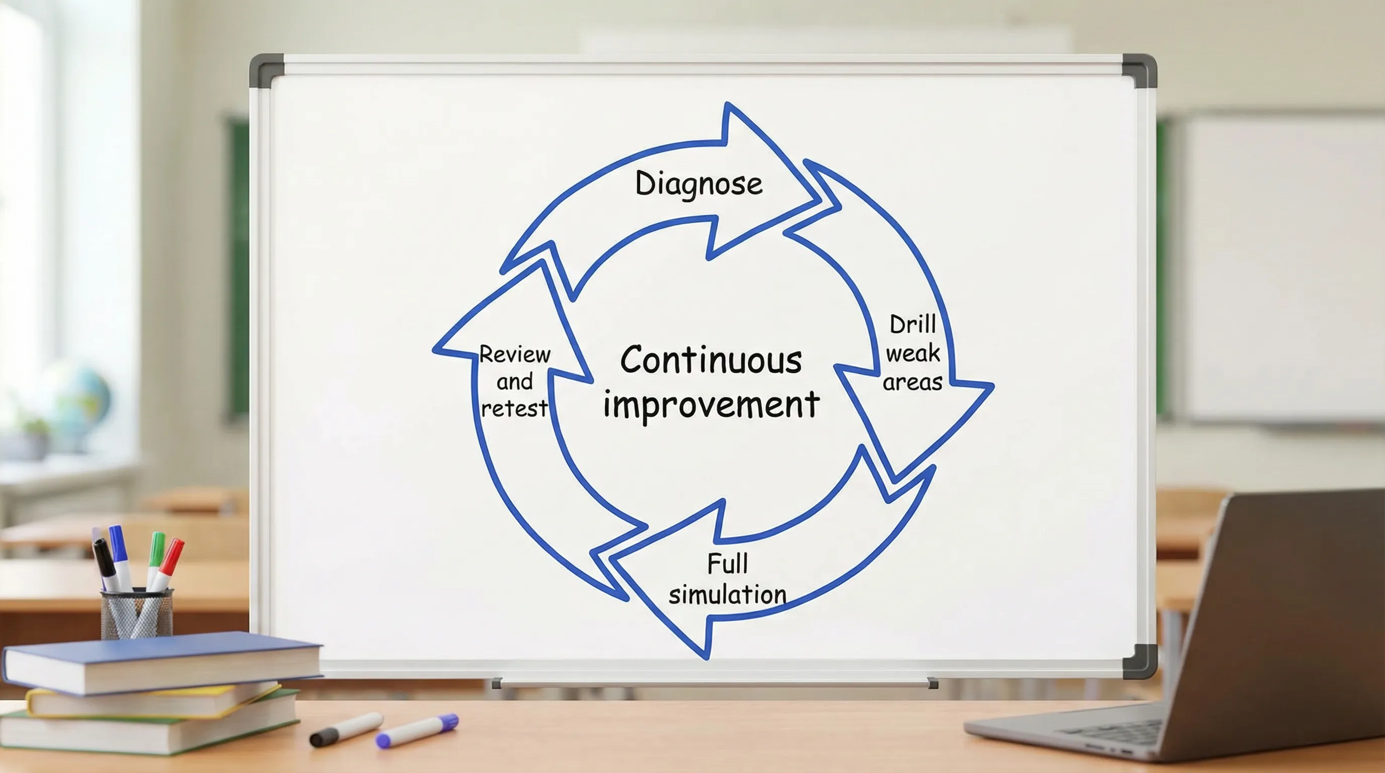 A simple four-step loop diagram labeled Diagnose, Drill weak areas, Full simulation, Review and retest, arranged in a circle to show continuous improvement for exam prep.