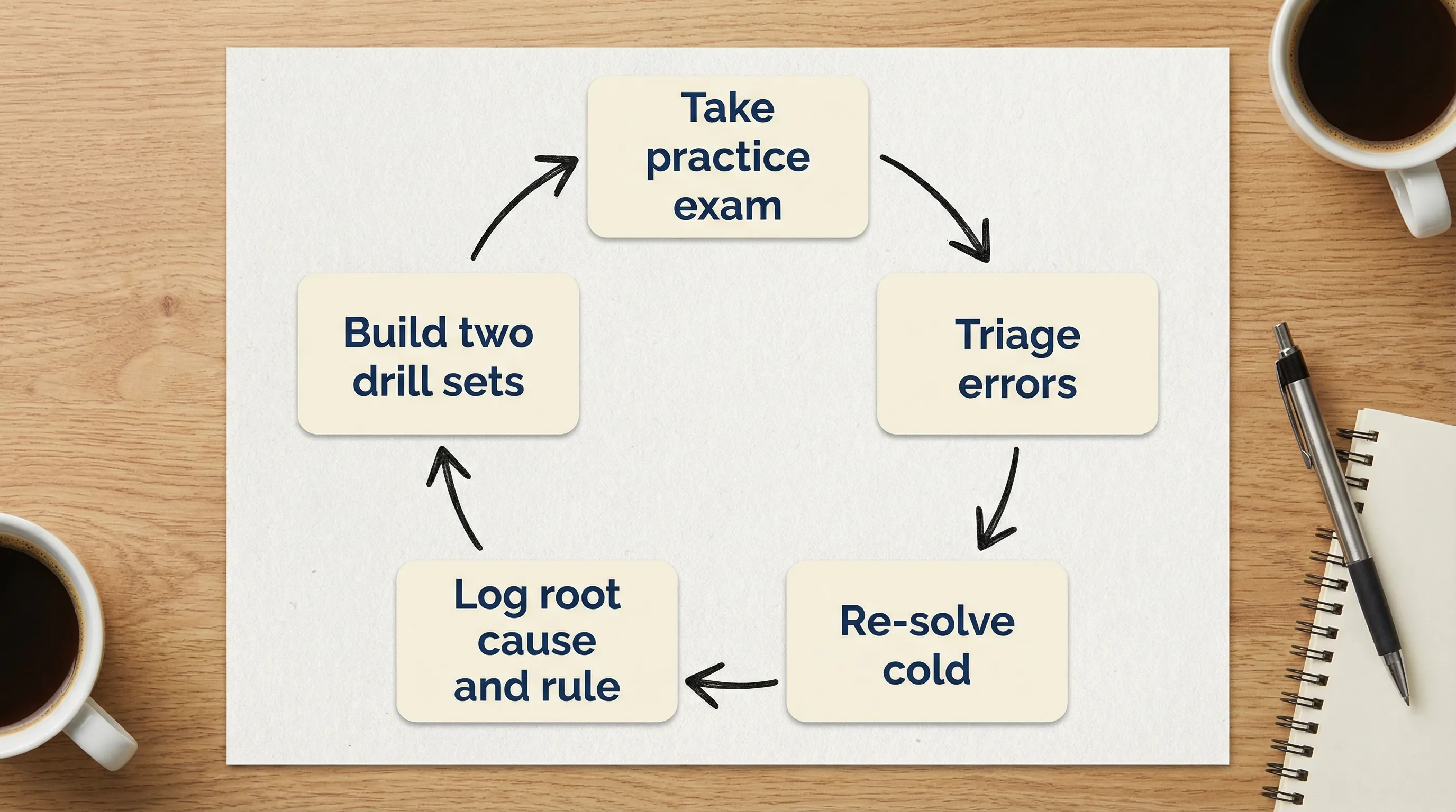 A simple five-step workflow diagram showing: Take practice exam, Triage errors, Re-solve cold, Log root cause and rule, Build two drill sets, with arrows forming a repeatable loop.