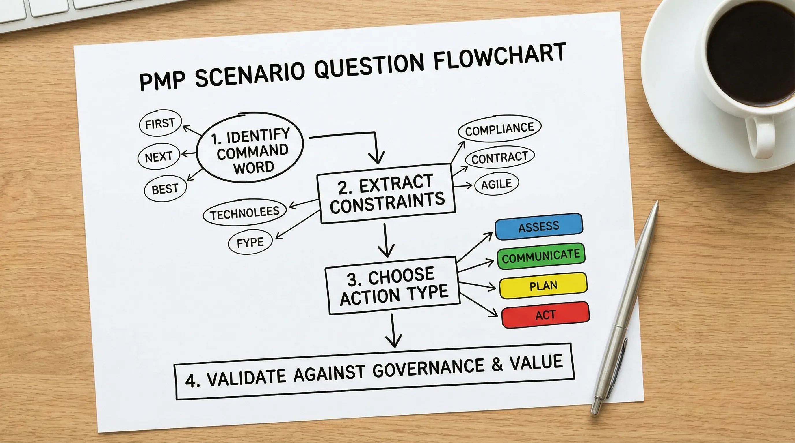 A simple flowchart showing how to answer a PMP scenario question: identify command word (first/next/best), extract constraints (compliance, contract, agile), choose action type (assess, communicate, plan, act), then validate against governance and value.