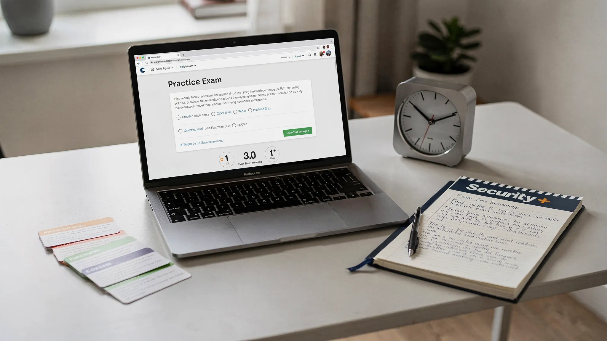 A tidy home study desk with a laptop open to a practice exam interface, a notebook titled “Security+”, flashcards, and a small desk clock showing a timed session.