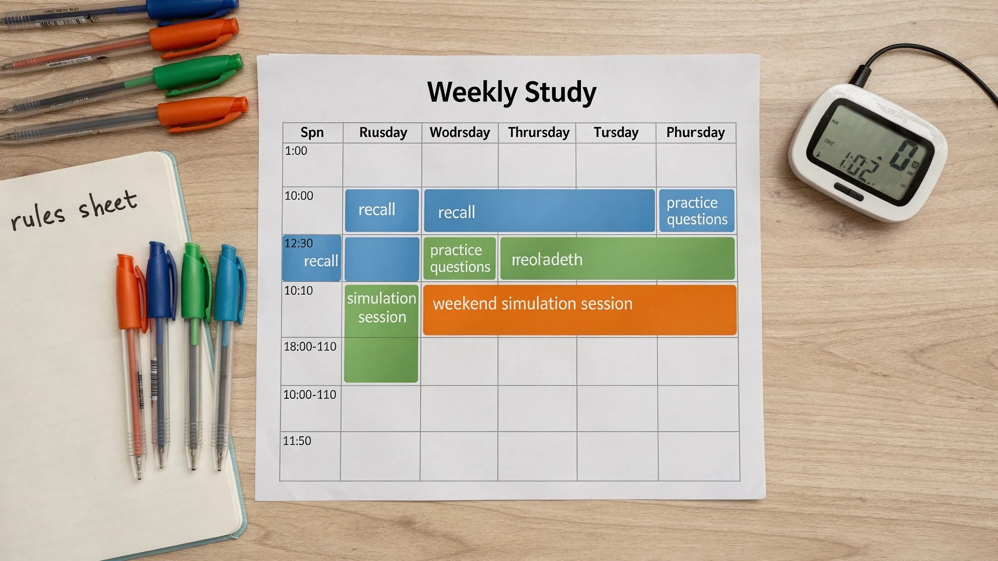 A weekly study calendar on a desk with color-coded blocks for recall, practice questions, and a weekend simulation session, alongside a notebook labeled “rules sheet” and a timer.