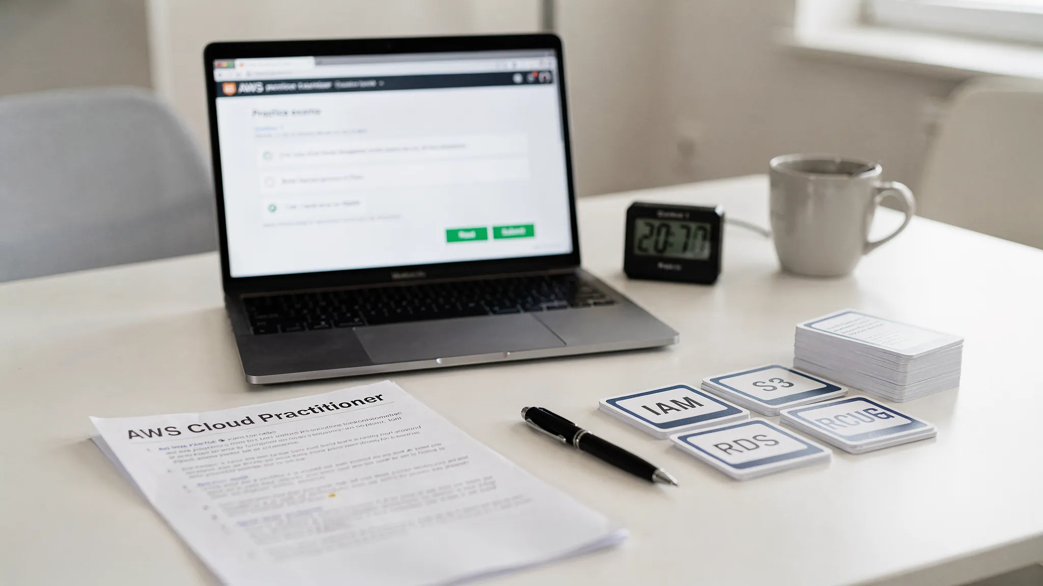 A focused study desk with printed notes titled “AWS Cloud Practitioner,” a laptop showing a practice exam interface (screen facing the viewer), a timer, and flashcards labeled IAM, S3, RDS, Pricing.