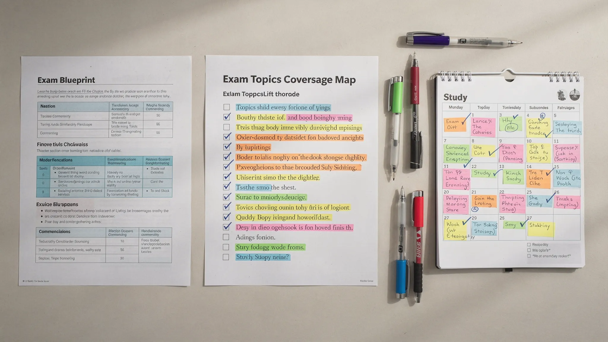 A study desk with a printed exam blueprint, a highlighted checklist labeled “Exam Topics Coverage Map,” and a calendar showing weekly study blocks.