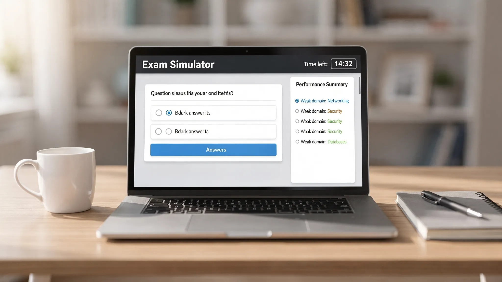 A laptop on a desk showing an exam simulator interface with a timed question, answer choices, and a results panel listing weak domains. The screen is facing the viewer.