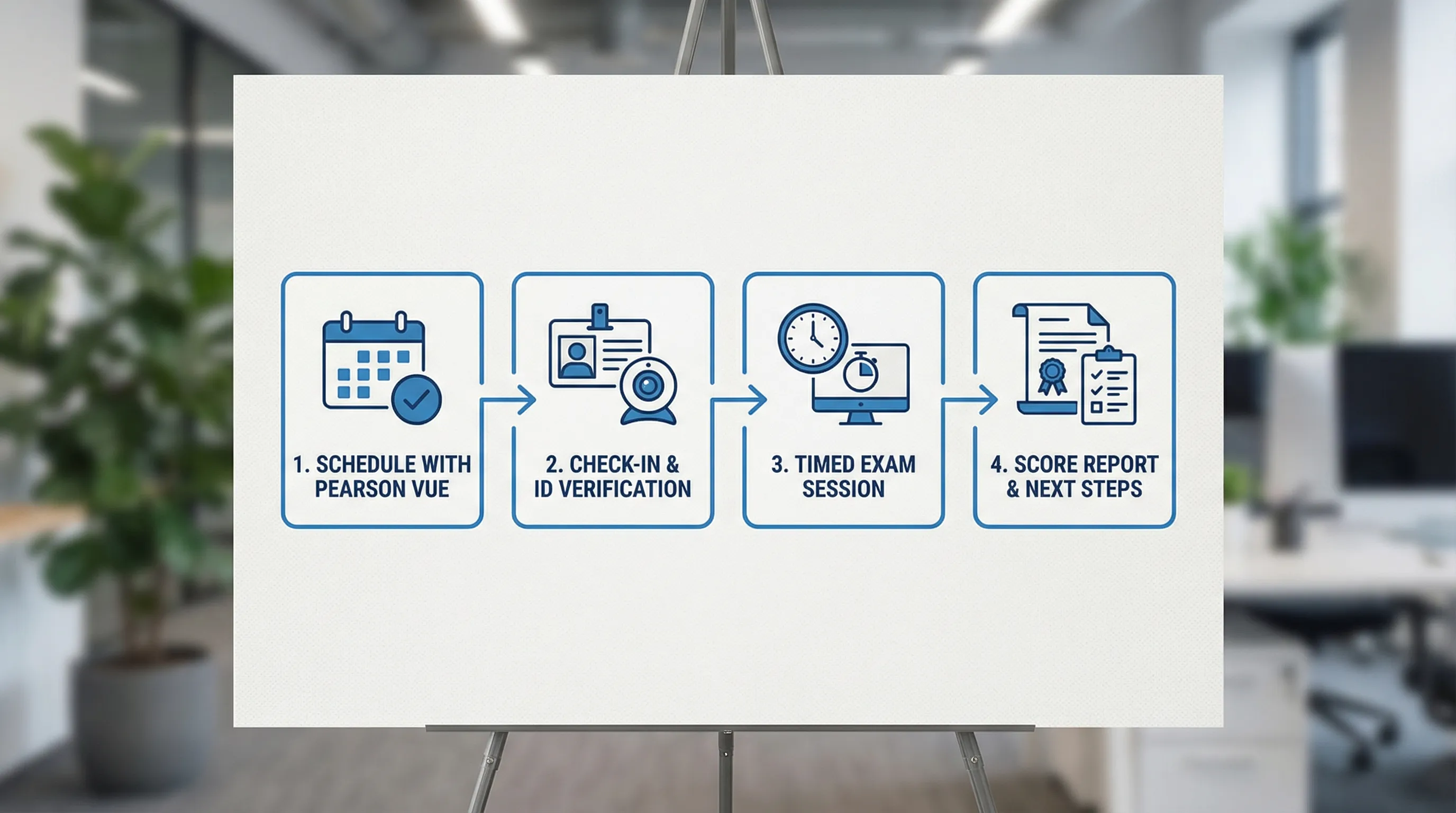 A simple four-step flow diagram showing the AWS certification exam journey: Schedule with Pearson VUE, Check-in and ID verification, Timed exam session, Score report and next steps.