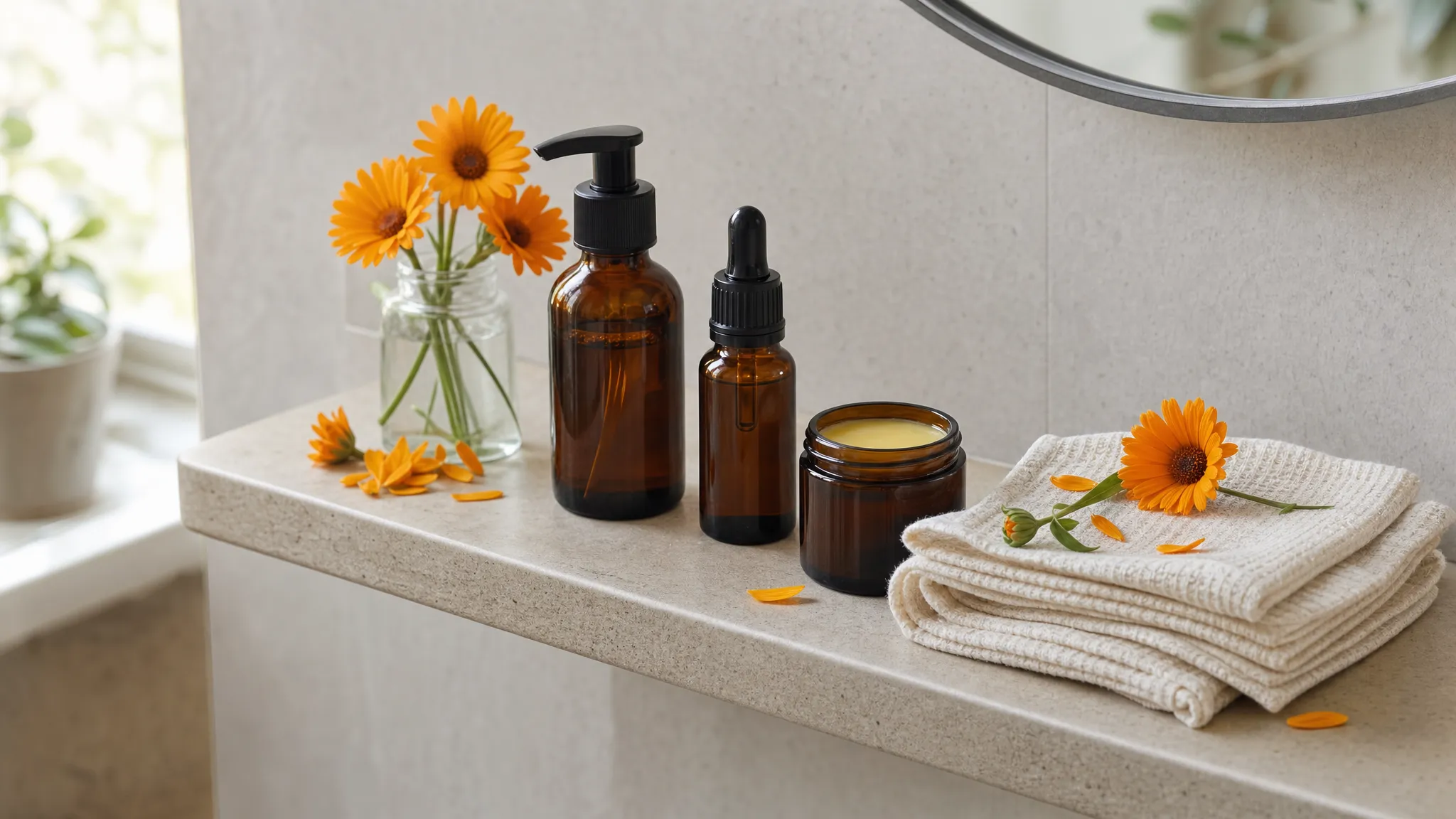 Amber glass bottles, a small balm jar, folded cotton cloths, and calendula flowers arranged on a narrow bathroom shelf for a simple sensitive skin care routine.