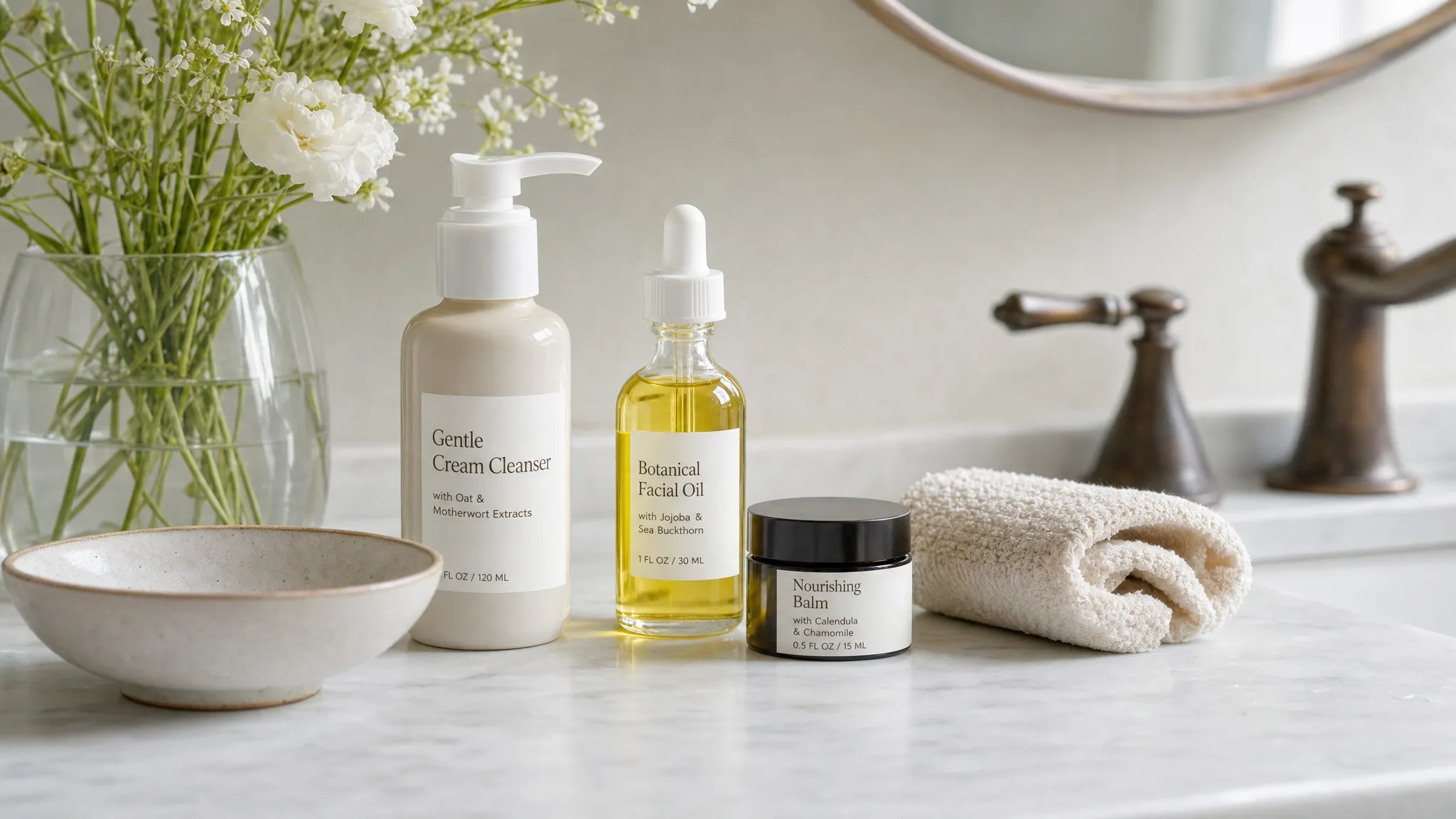 A calm bathroom counter with a small group of facial skin care essentials, including a gentle cleanser, botanical oil, a soft cloth, and a small balm jar beside fresh flowers and a ceramic bowl.