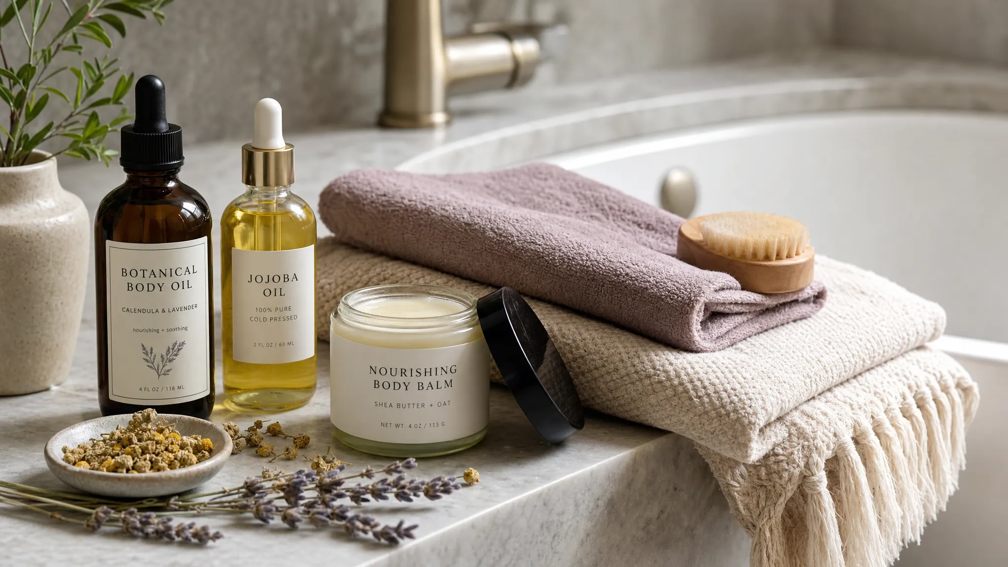 Natural body care products arranged on the edge of a bathtub, including botanical oils, a rich balm, soft towels, and dried herbs on a calm bathroom surface.