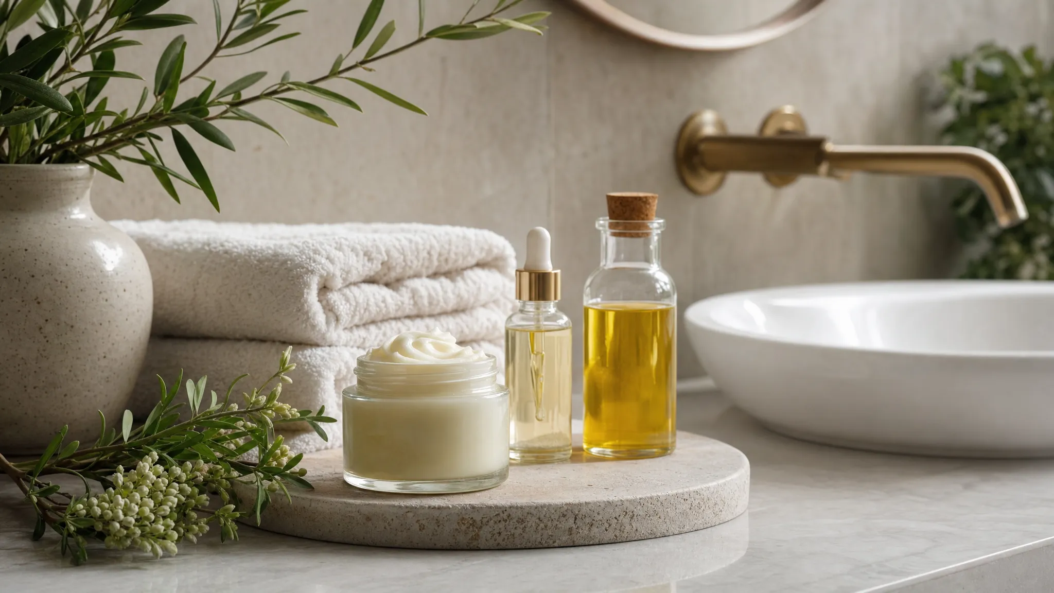 A calm bathroom vanity with a small jar of natural skin care cream, botanical oils, soft cotton towels, and fresh greenery arranged beside a ceramic sink.