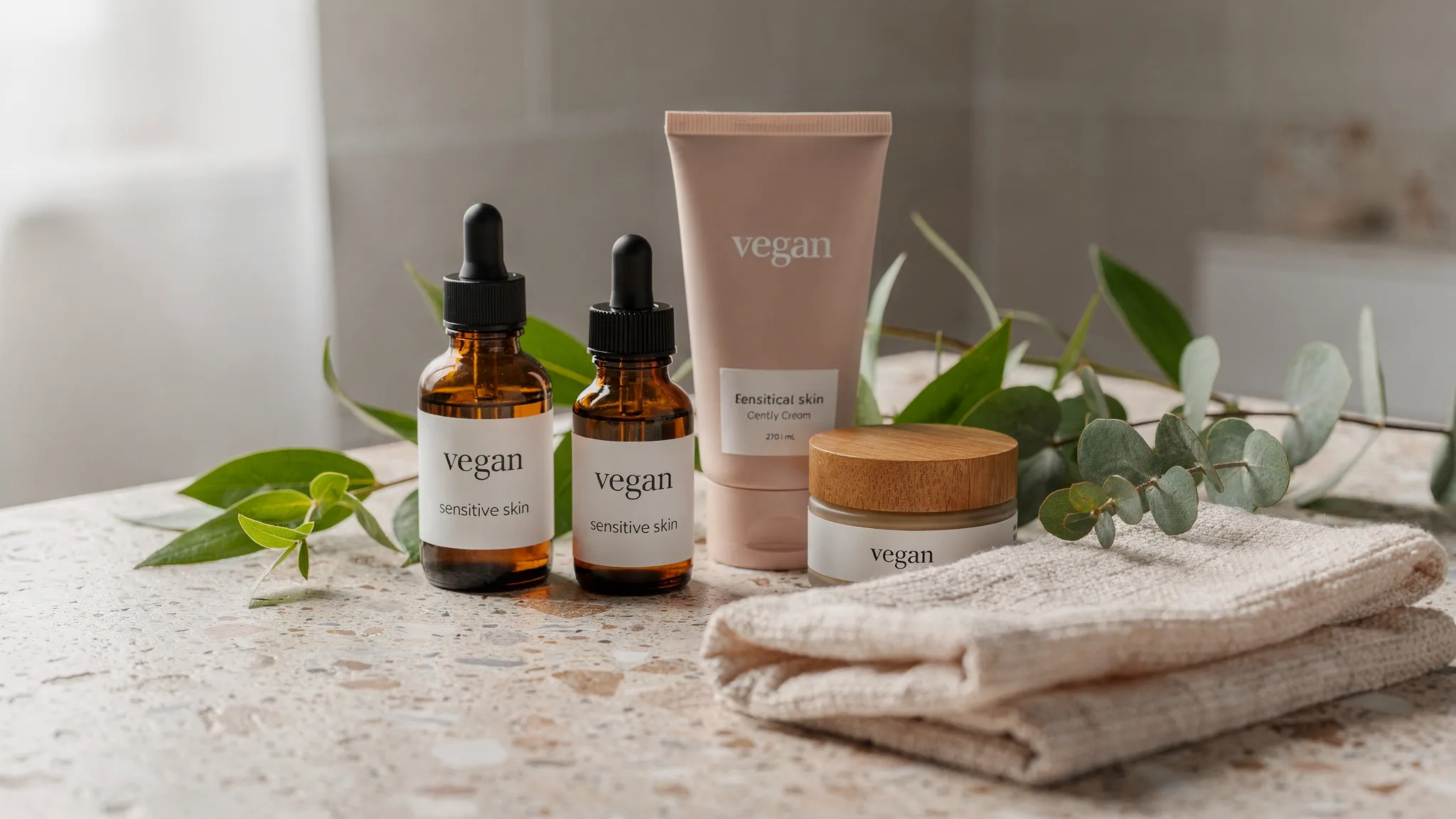 A serene bathroom counter with natural vegan skincare products, botanical oils, a soft cloth, and fresh green plant leaves arranged for a sensitive skin routine.