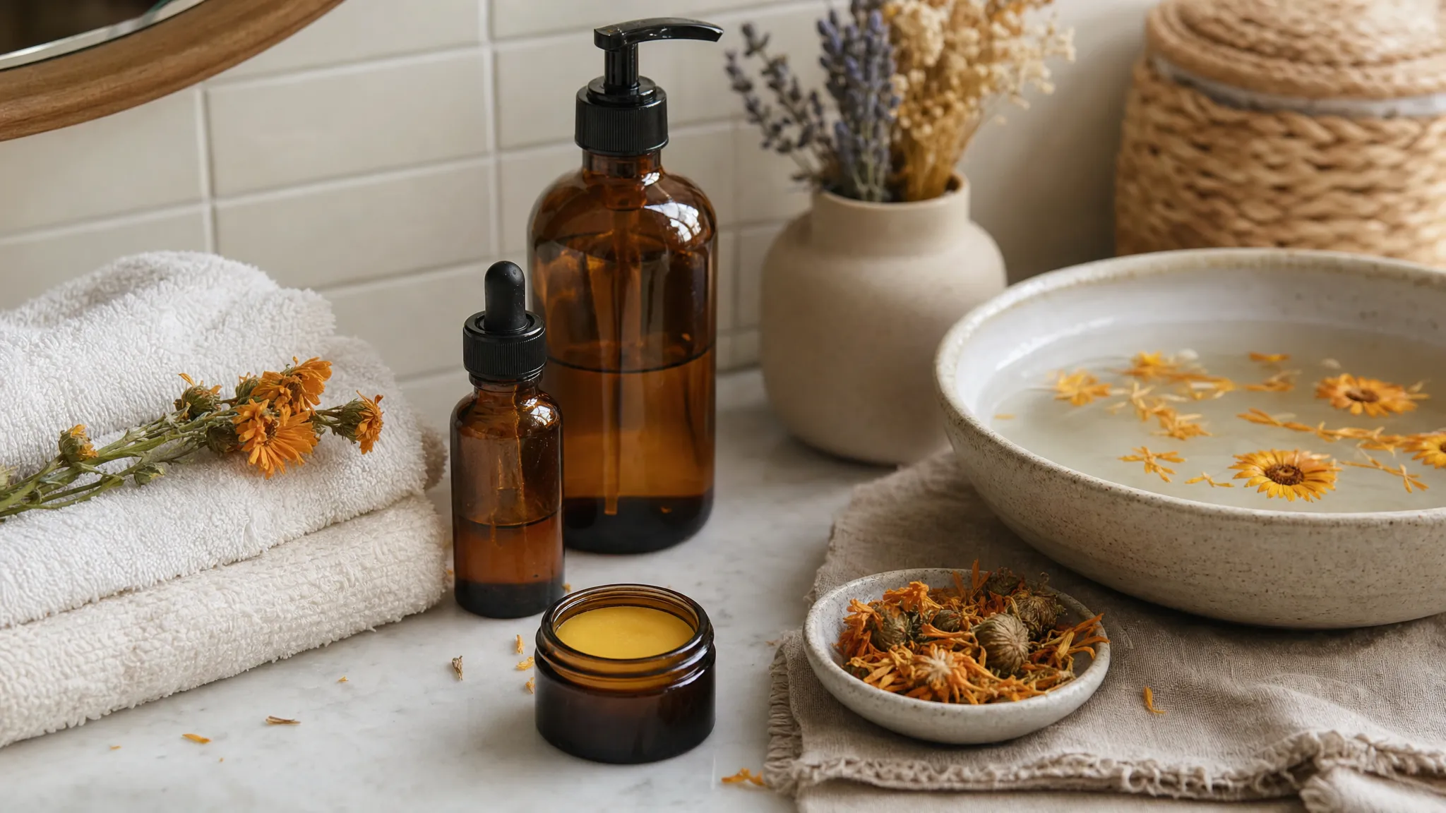 A close-up bathroom vignette with amber glass bottles, a small jar of balm, folded cotton towels, and dried calendula flowers beside a bowl of warm water.