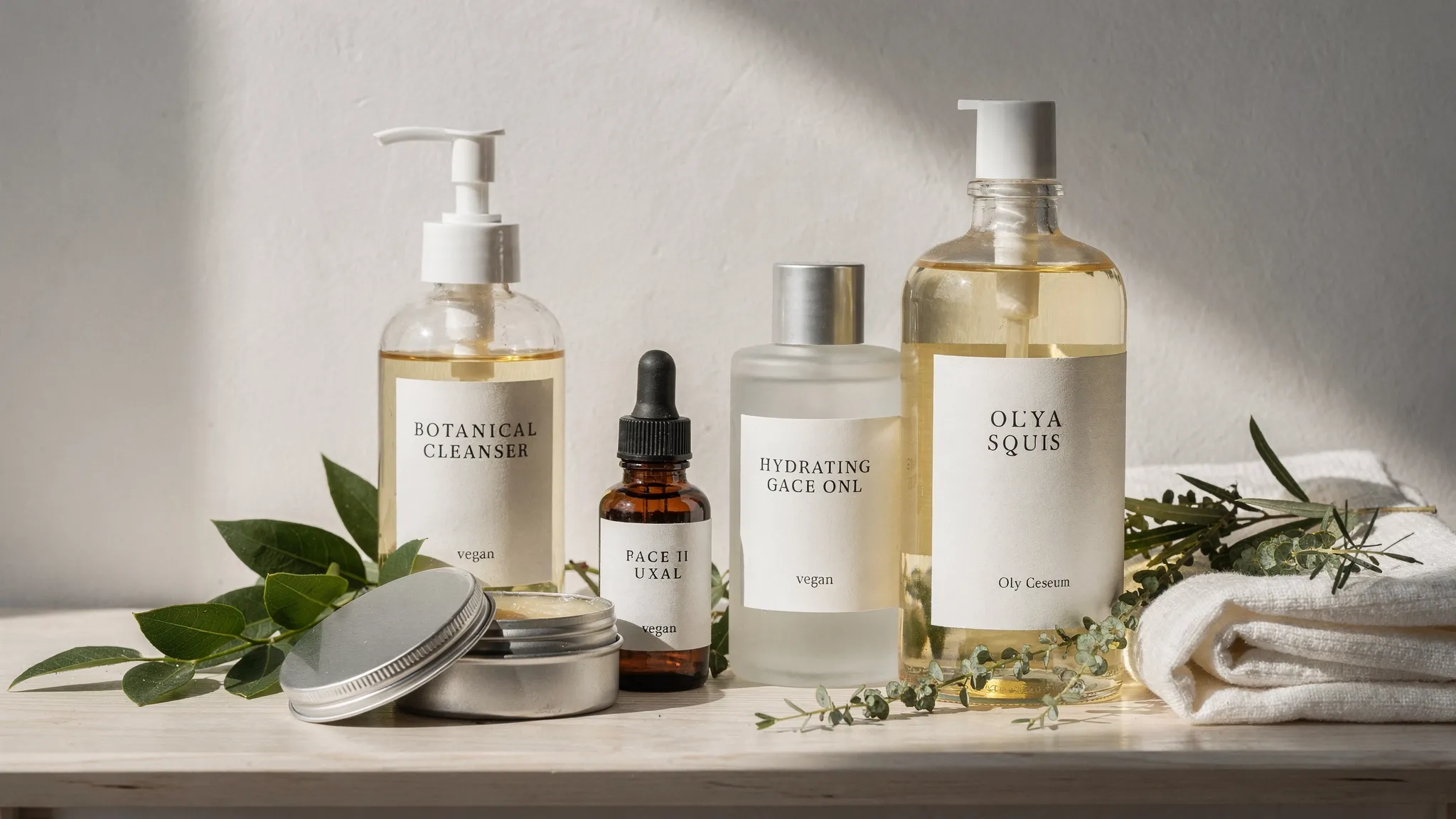 A minimalist bathroom shelf with vegan skin products, including a botanical oil cleanser, face oil, hydrating serum, plant-wax balm, and body oil, arranged beside fresh leaves and a soft cotton cloth.