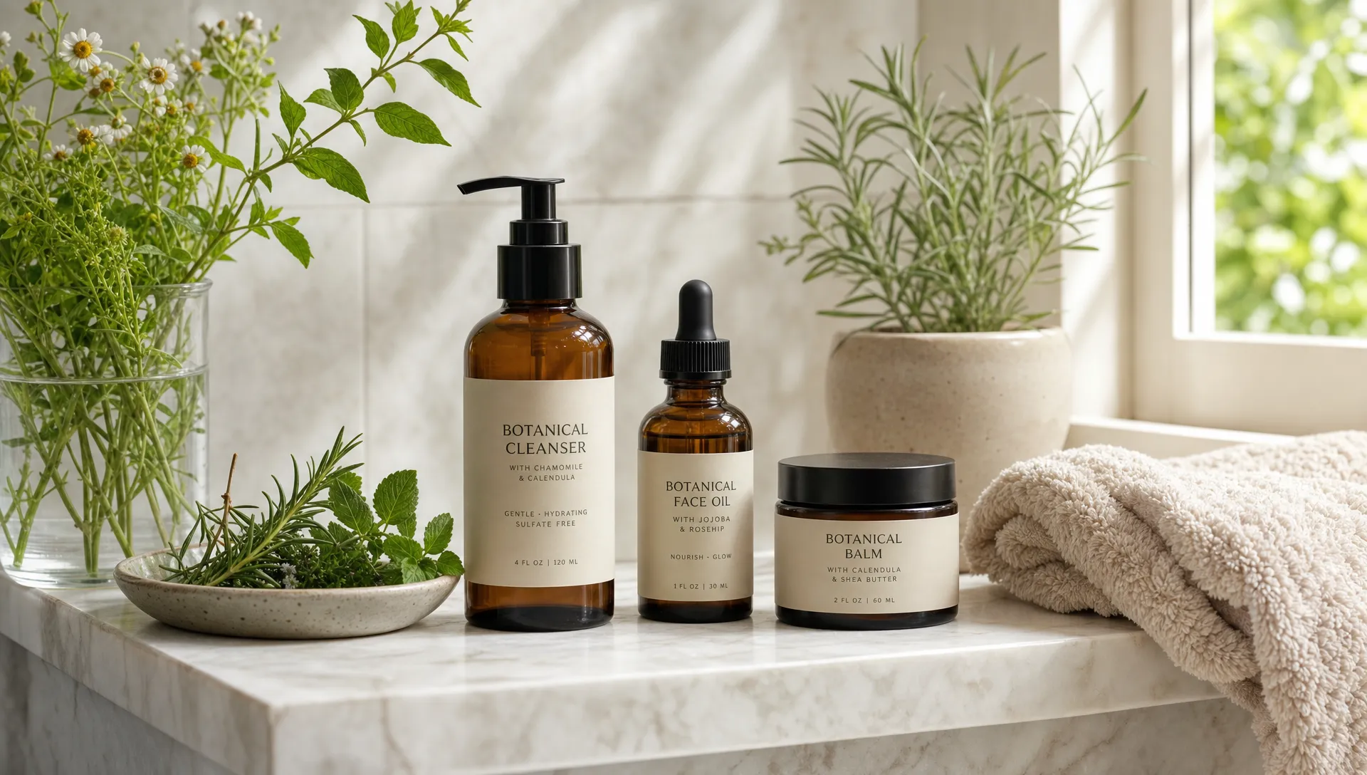 A curated natural skincare set arranged on a bathroom shelf with a cleanser, botanical face oil, balm, and soft towel beside fresh herbs and gentle daylight.