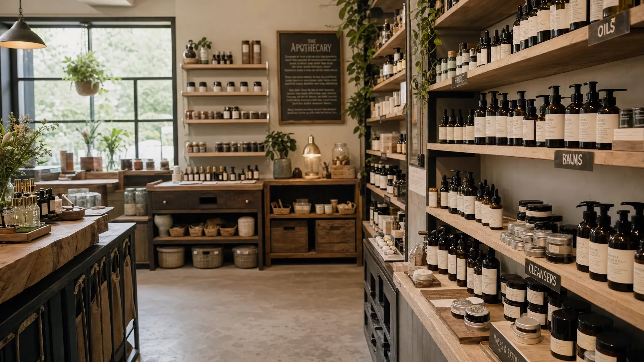 A calm apothecary shop interior with wall-mounted shelves of labeled oils, balms, cleansers, and small jars, viewed from the aisle with clear product sections and soft window light.