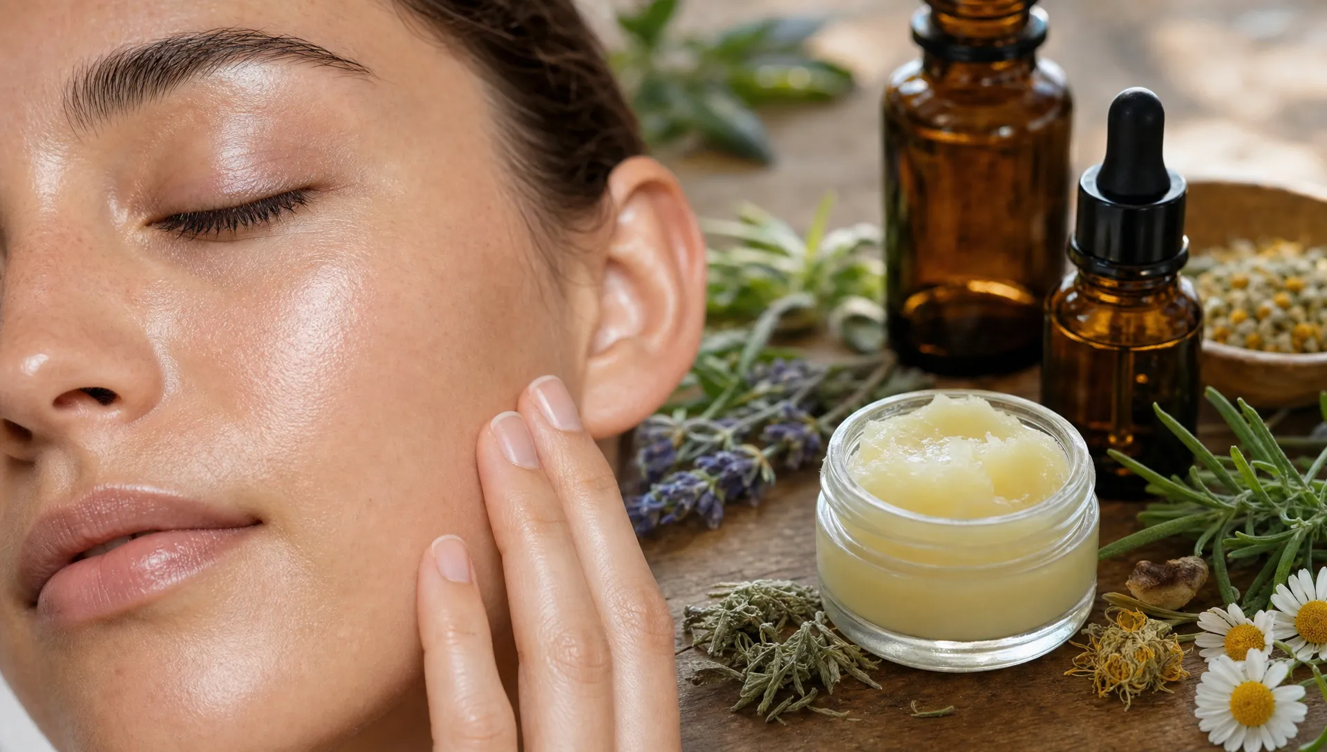 A close-up of healthy, hydrated skin beside botanical oils, herbs, and a small balm jar, showing the connection between natural ingredients and skin barrier support.