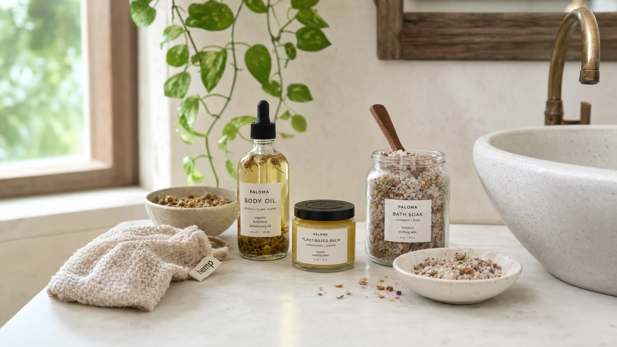 A serene bathroom vanity with botanical vegan body care essentials, including a glass body oil bottle, a plant-based balm jar, a soft washcloth, dried herbs, and natural bath salts arranged beside a ceramic sink.
