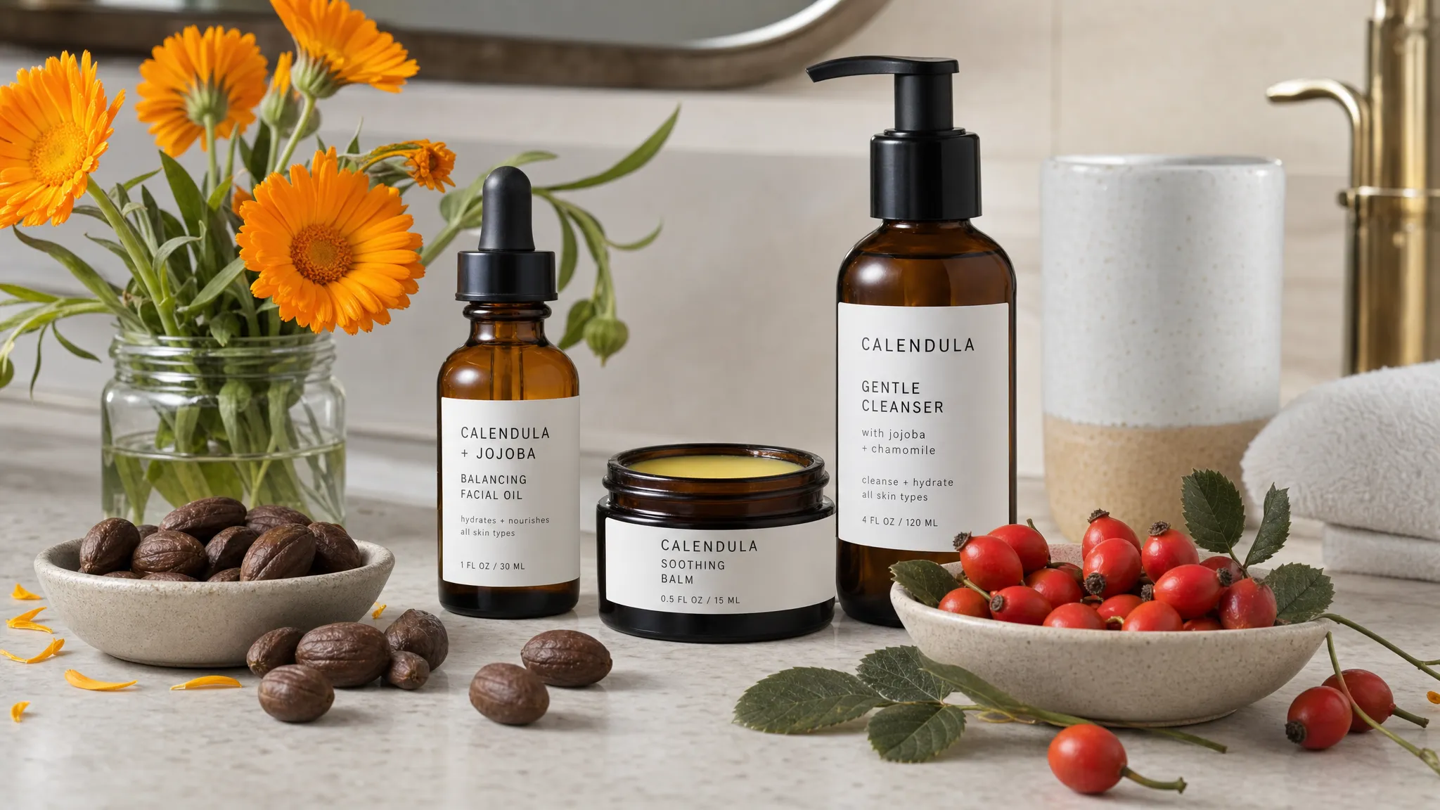 Amber glass facial oil, a small balm jar, a gentle cleanser bottle, and botanical ingredients like calendula flowers, jojoba seeds, and rosehips arranged on a clean bathroom counter.