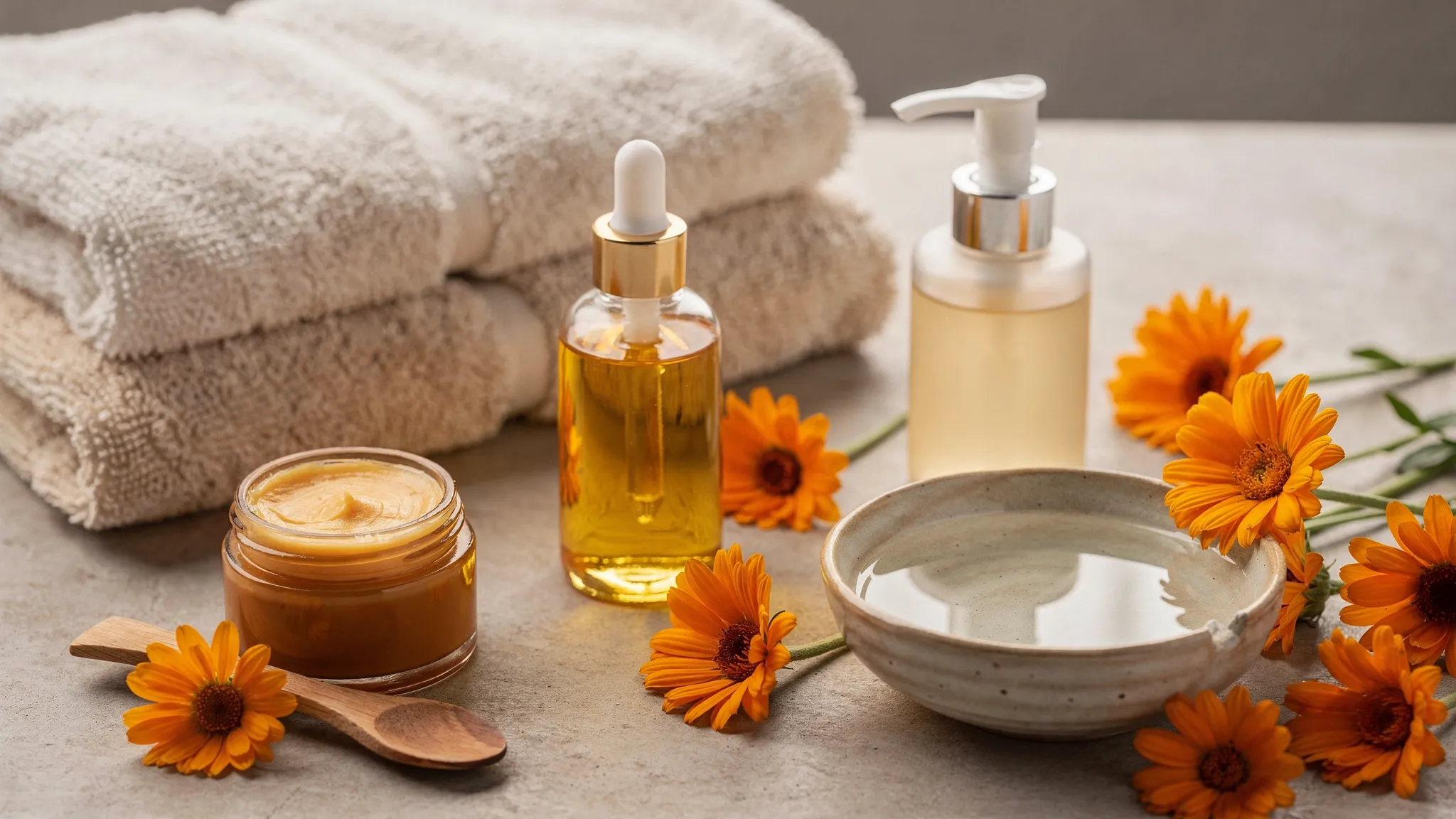 Organic face oil, balm, cleanser, and soft cotton towels arranged beside fresh calendula flowers and a small bowl of water, suggesting a gentle skin barrier ritual.
