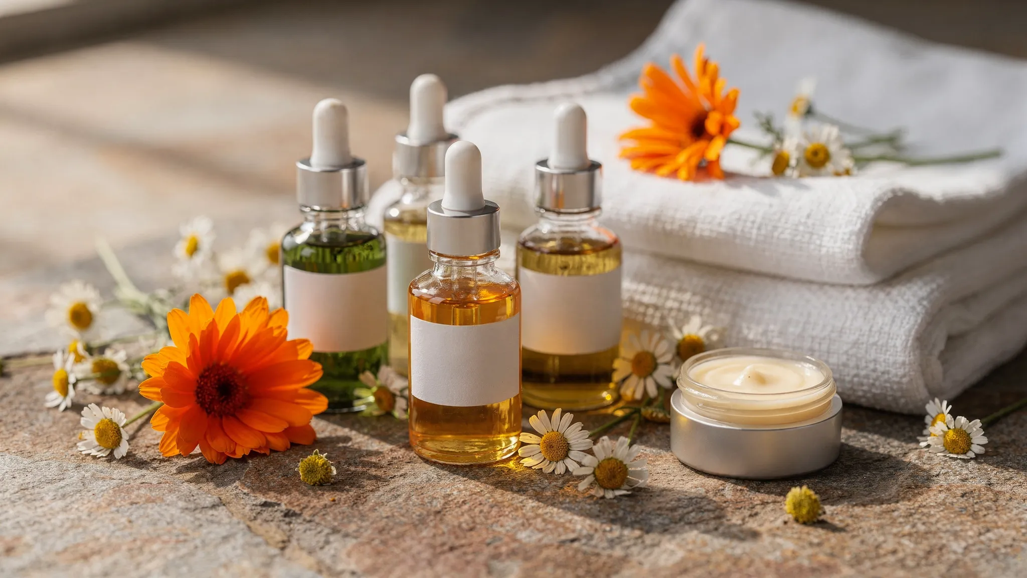 A calm botanical skincare ritual with glass bottles of plant oils, a small balm jar, calendula flowers, chamomile, and soft cotton cloths arranged on a natural stone surface.