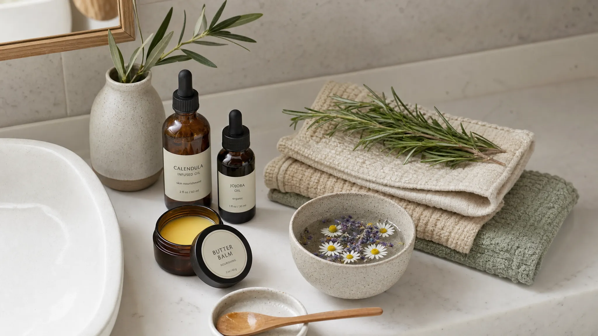 A calm natural skincare ritual with botanical oils, a balm jar, folded towels, fresh herbs, and a ceramic bowl arranged on a clean bathroom counter, seen from slightly above with the items grouped beside the sink.