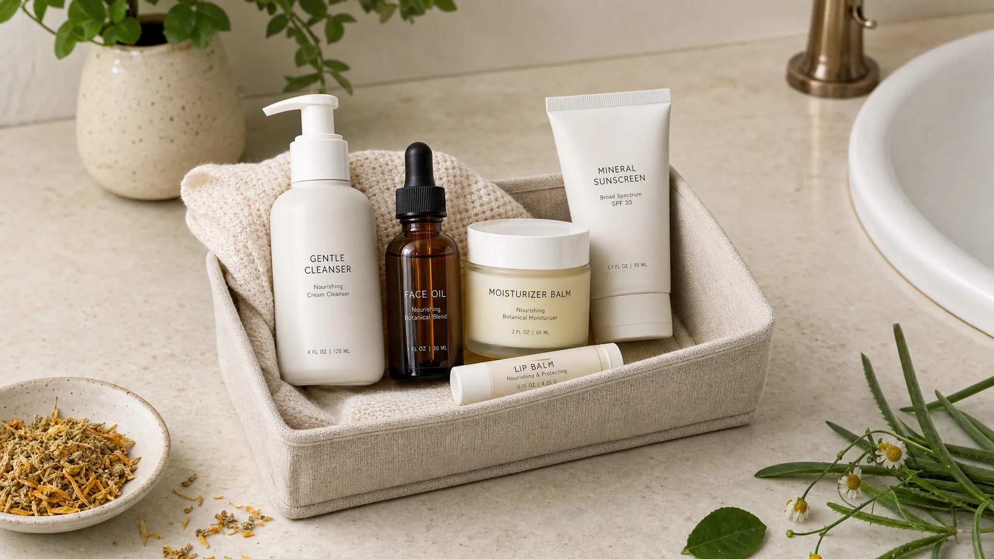An open natural skin care kit in a simple linen tray on a bathroom counter with a gentle cleanser, small amber face oil bottle, moisturizer balm, sunscreen tube, lip balm, soft cotton cloth, and a few botanical ingredients nearby.