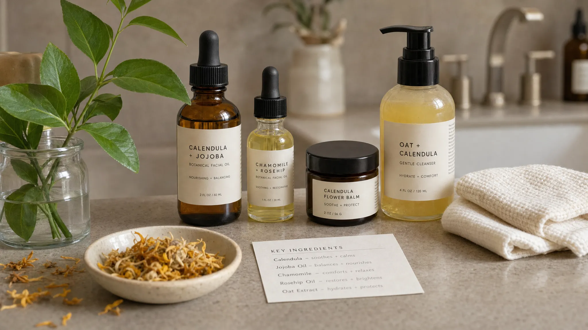 A calm bathroom counter with glass bottles of botanical facial oil, a balm jar, a gentle cleanser, a cotton cloth, dried calendula, and fresh green leaves arranged beside a small ingredient label, with the sink softly blurred in the background.