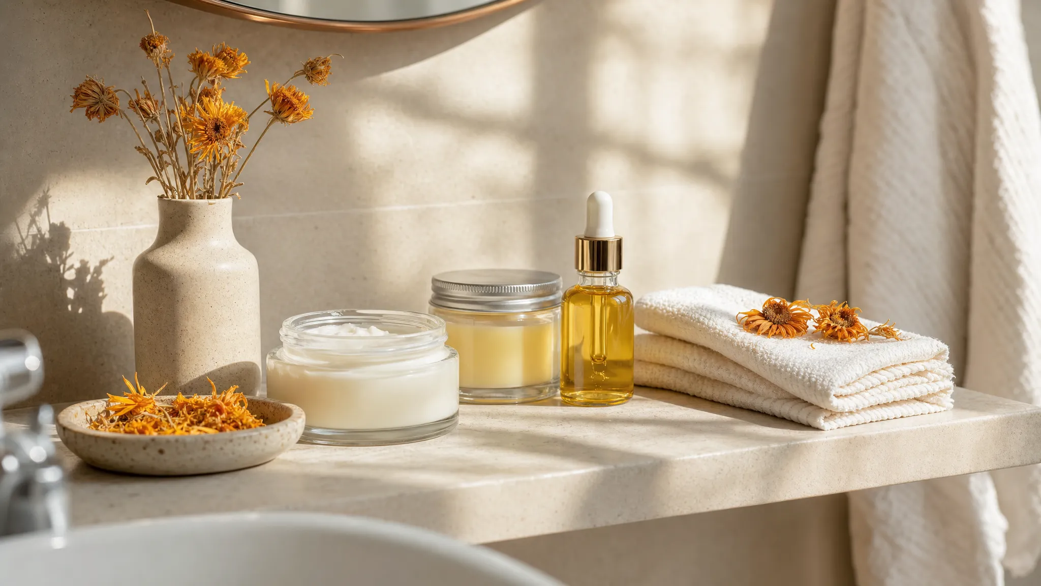 A serene bathroom shelf with simple natural skincare jars, a small bottle of facial oil, folded cotton cloths, dried calendula flowers, and soft morning light creating a calm sensitive skin care setting.