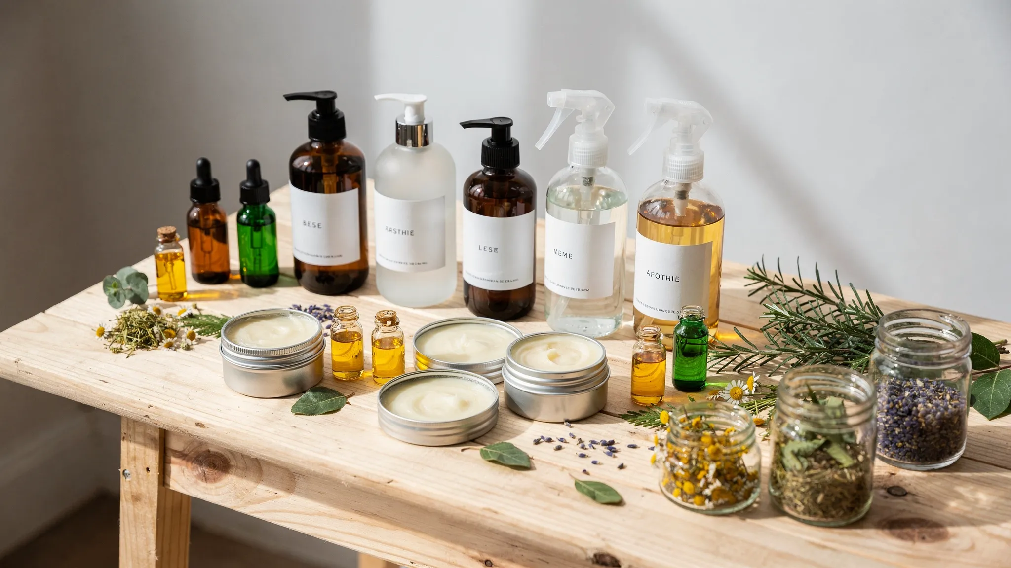 Natural skincare bottles, botanical oils, balms, dried herbs, and small jars arranged on a simple apothecary table with organic plant ingredients nearby.
