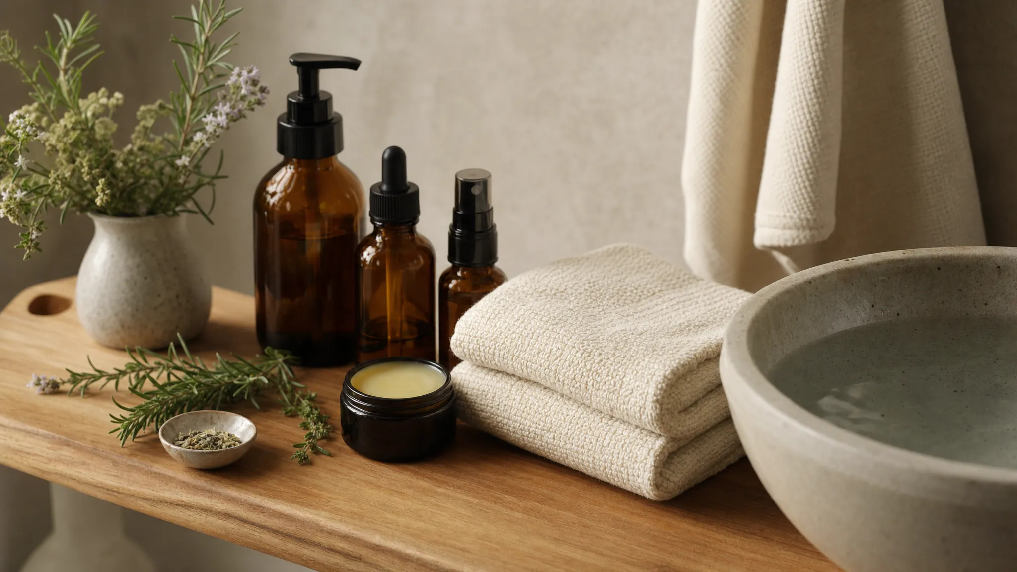 A serene bathroom shelf with amber glass skincare bottles, a small botanical balm jar, fresh herbs, and folded natural cotton towels beside a bowl of water.