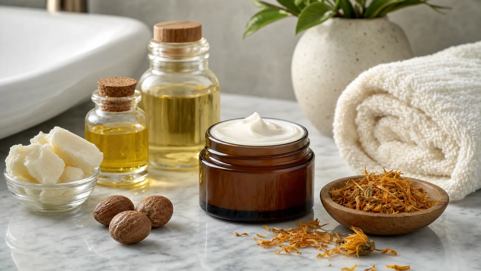 A small open jar of rich organic cream beside botanical oils, shea butter pieces, dried calendula flowers, and a folded cotton towel on a clean bathroom counter.