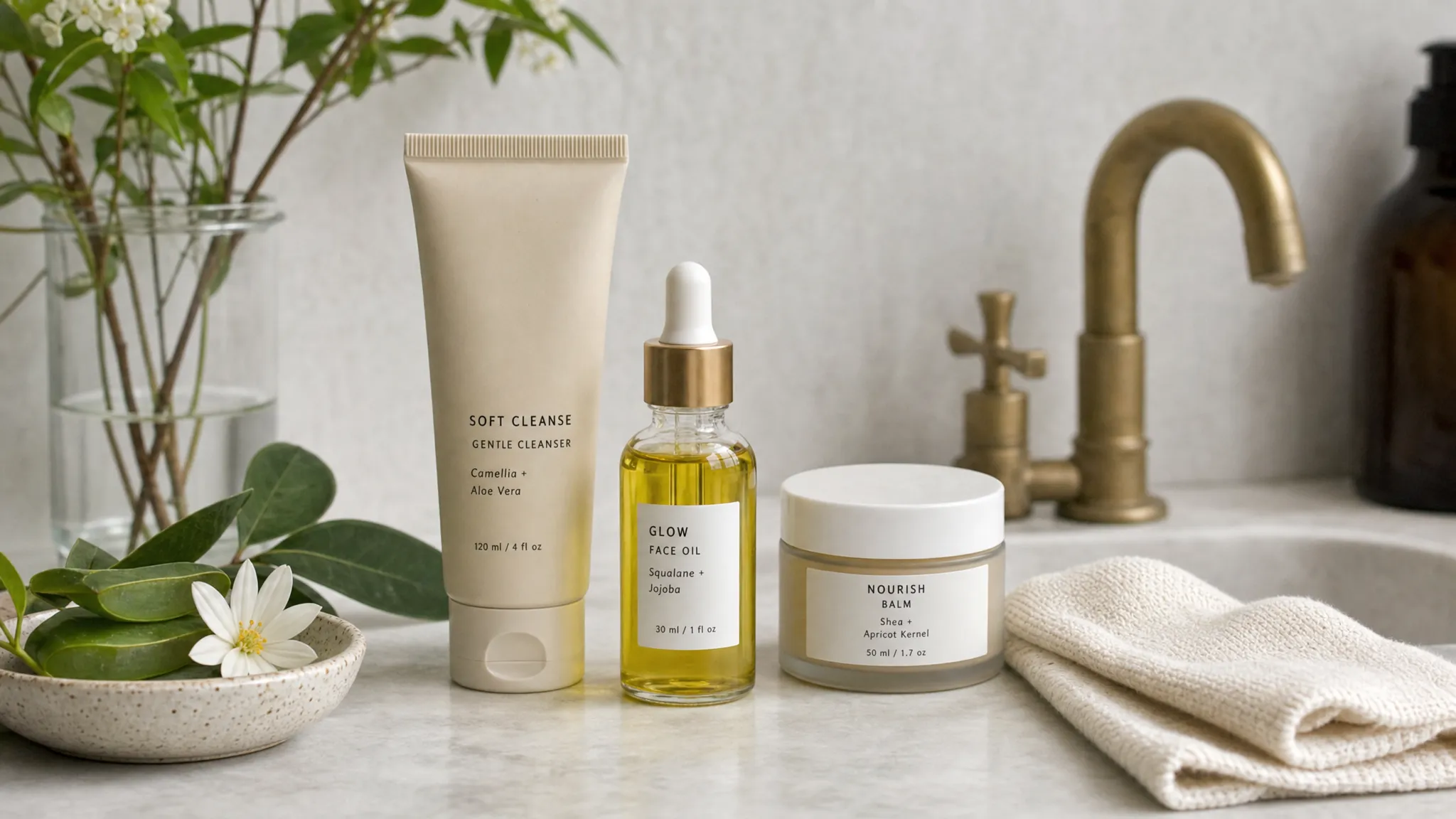 A calm bathroom counter with a small group of simple face care products, including a gentle cleanser, a glass bottle of face oil, a soft balm jar, and a folded cotton cloth beside fresh botanical ingredients.