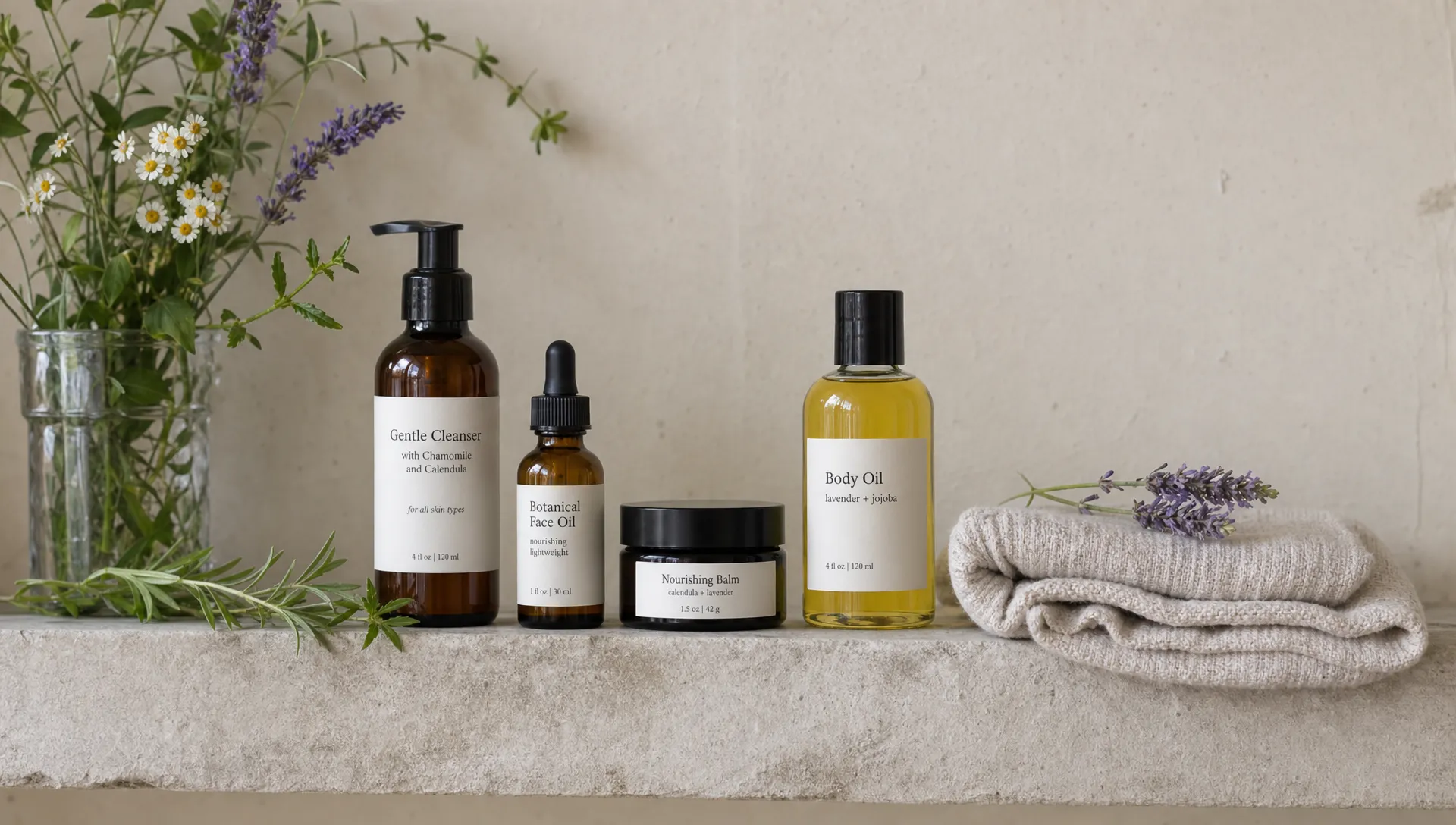 A calm bathroom shelf with a small group of natural skincare essentials, including a gentle cleanser, botanical face oil, balm, body oil, and folded towel beside fresh herbs and flowers, arranged on a narrow shelf against a plain wall.