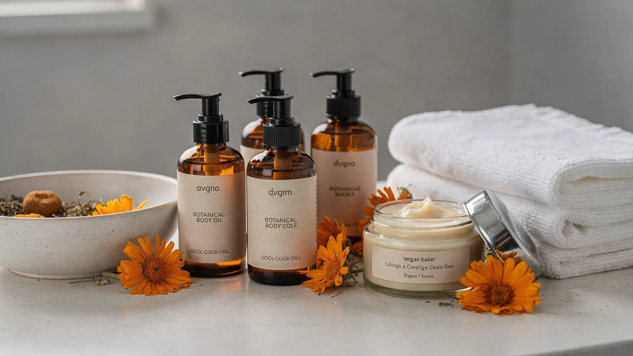A calm bathroom counter with amber glass bottles of botanical body oil, a small jar of vegan balm, folded cotton towels, dried calendula flowers, and plant-based body care ingredients arranged beside a ceramic bowl.