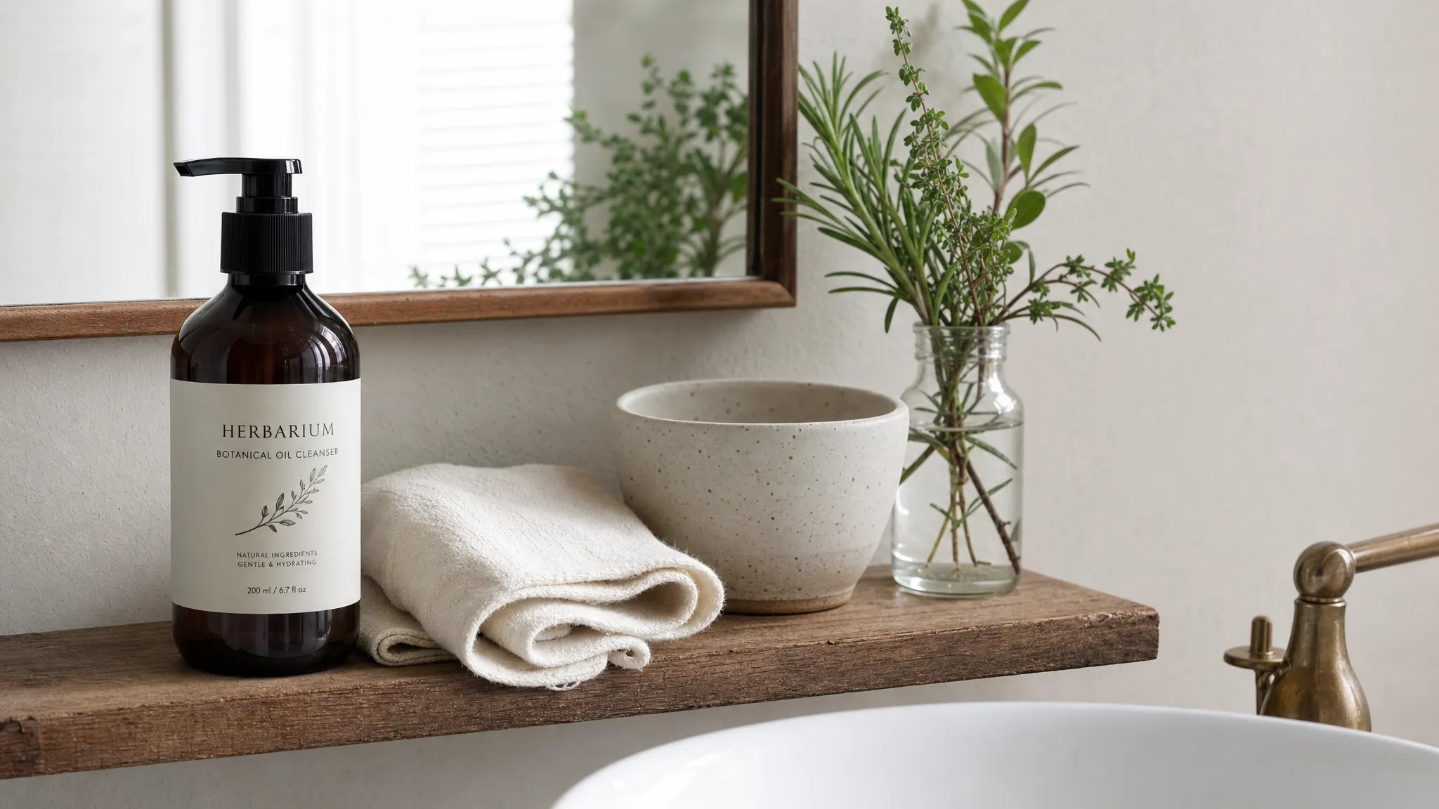 A close, orderly bathroom shelf scene with a botanical oil cleanser, soft cotton cloth, ceramic bowl, fresh herbs, and a small glass bottle arranged beside a sink in natural light.