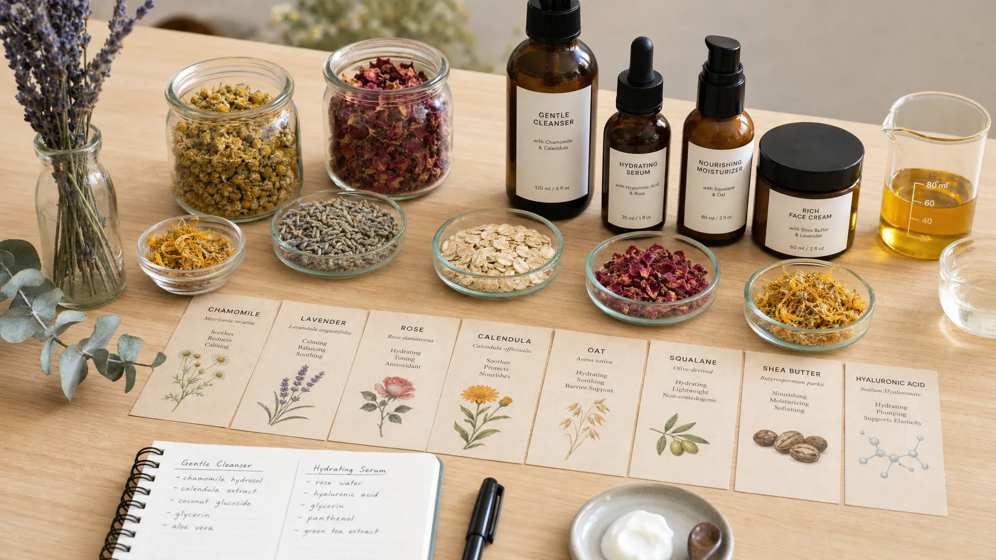 Glass jars, amber skincare bottles, botanical oils, dried flowers, and ingredient cards arranged on a light wood table for comparing clean skincare formulas.