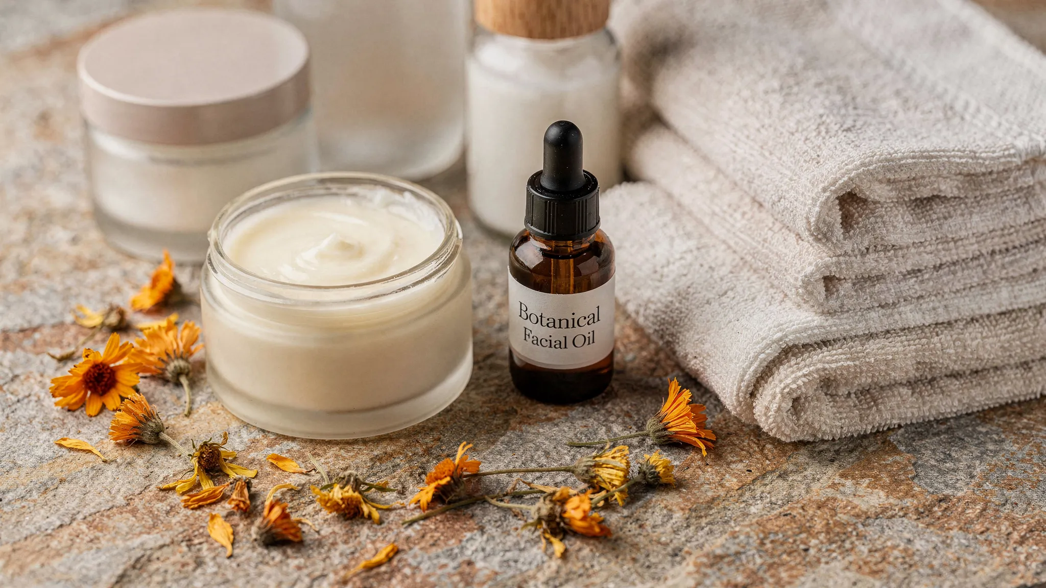 A calm cruelty-free facial skincare ritual with botanical oil, cleansing balm, soft towels, dried calendula flowers, and glass jars arranged on a natural stone surface.