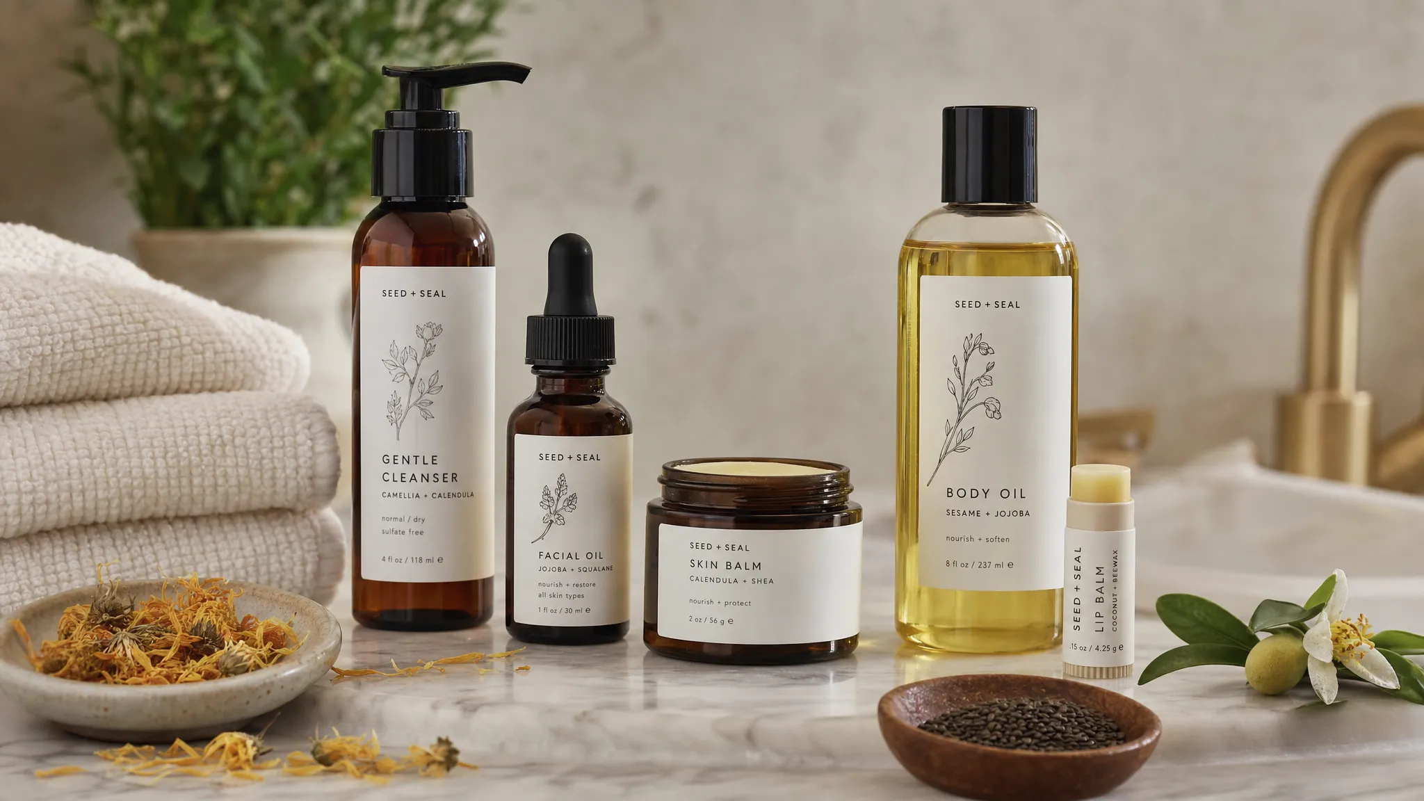 A bathroom counter with a small group of natural skincare essentials: a gentle cleanser, a facial oil, a balm, a body oil, and a lip balm arranged beside fresh towels and botanical ingredients.