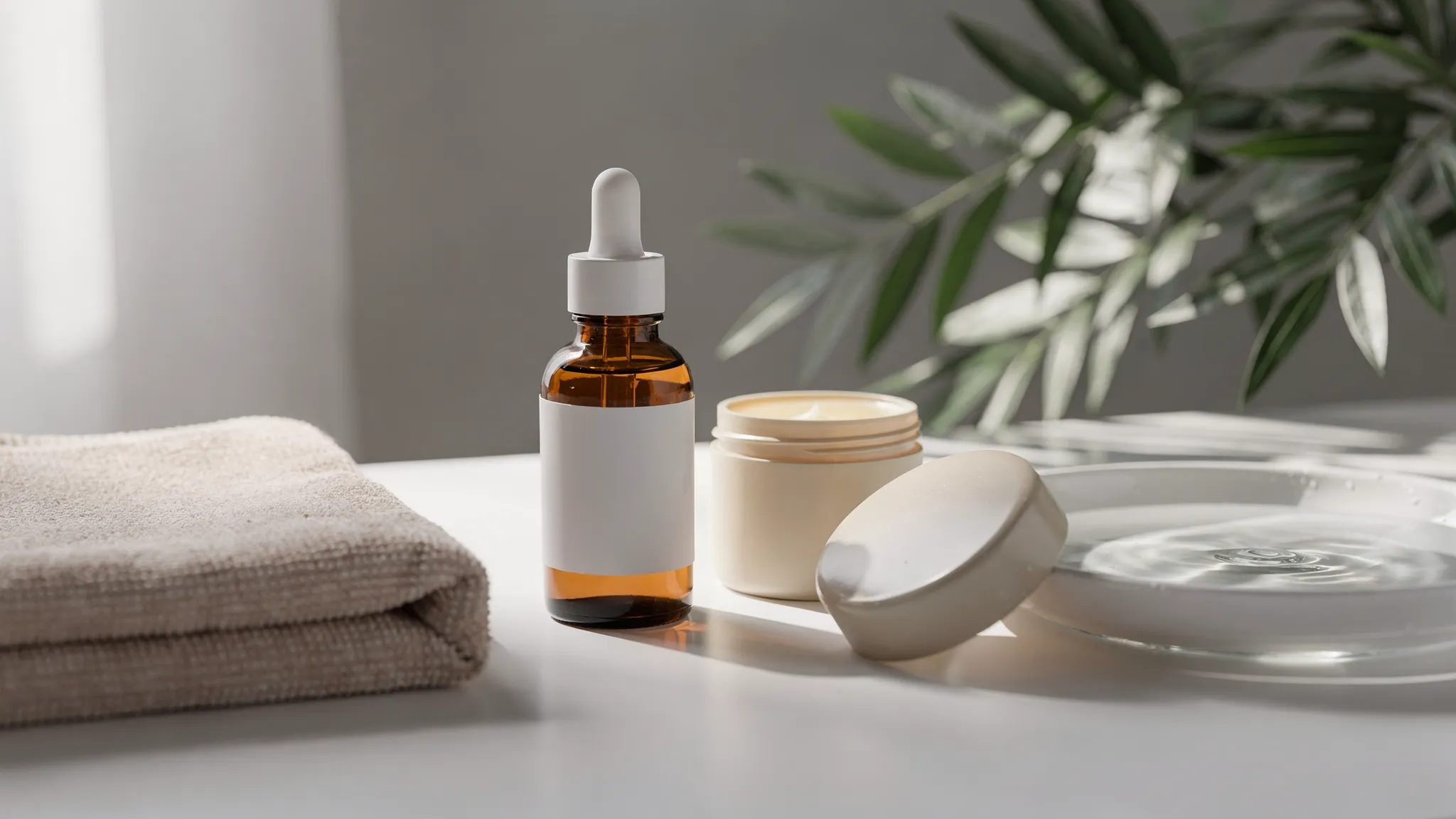 A calm natural skincare ritual with a soft towel, small botanical oil bottle, simple balm jar, and a ceramic bowl of water on a clean bathroom counter with green plant leaves nearby.