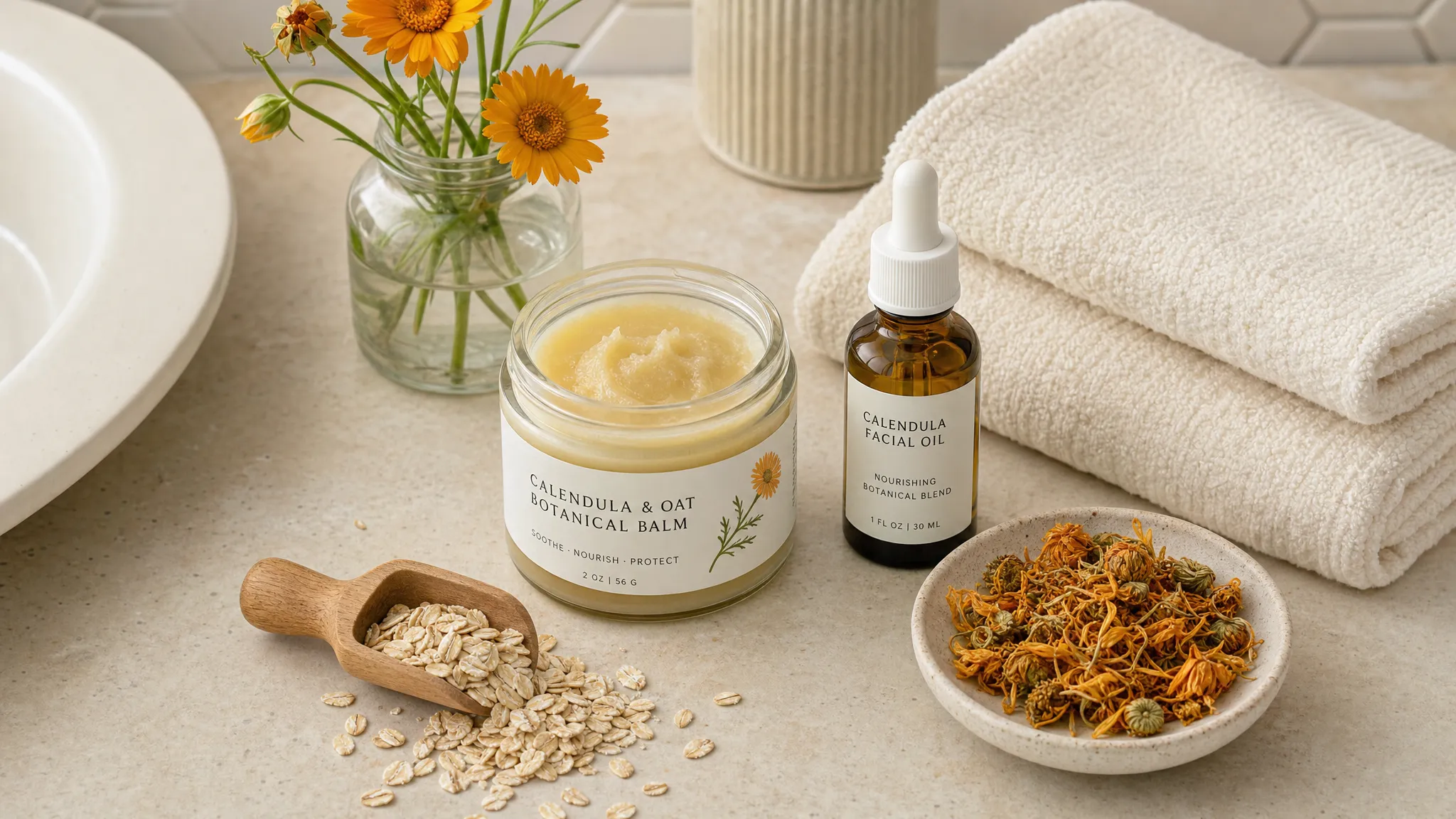 A glass jar of botanical balm, a small facial oil bottle, folded cotton towels, oat grains, and calendula flowers arranged on a calm neutral bathroom counter, viewed from slightly above with the products grouped in a tidy cluster.