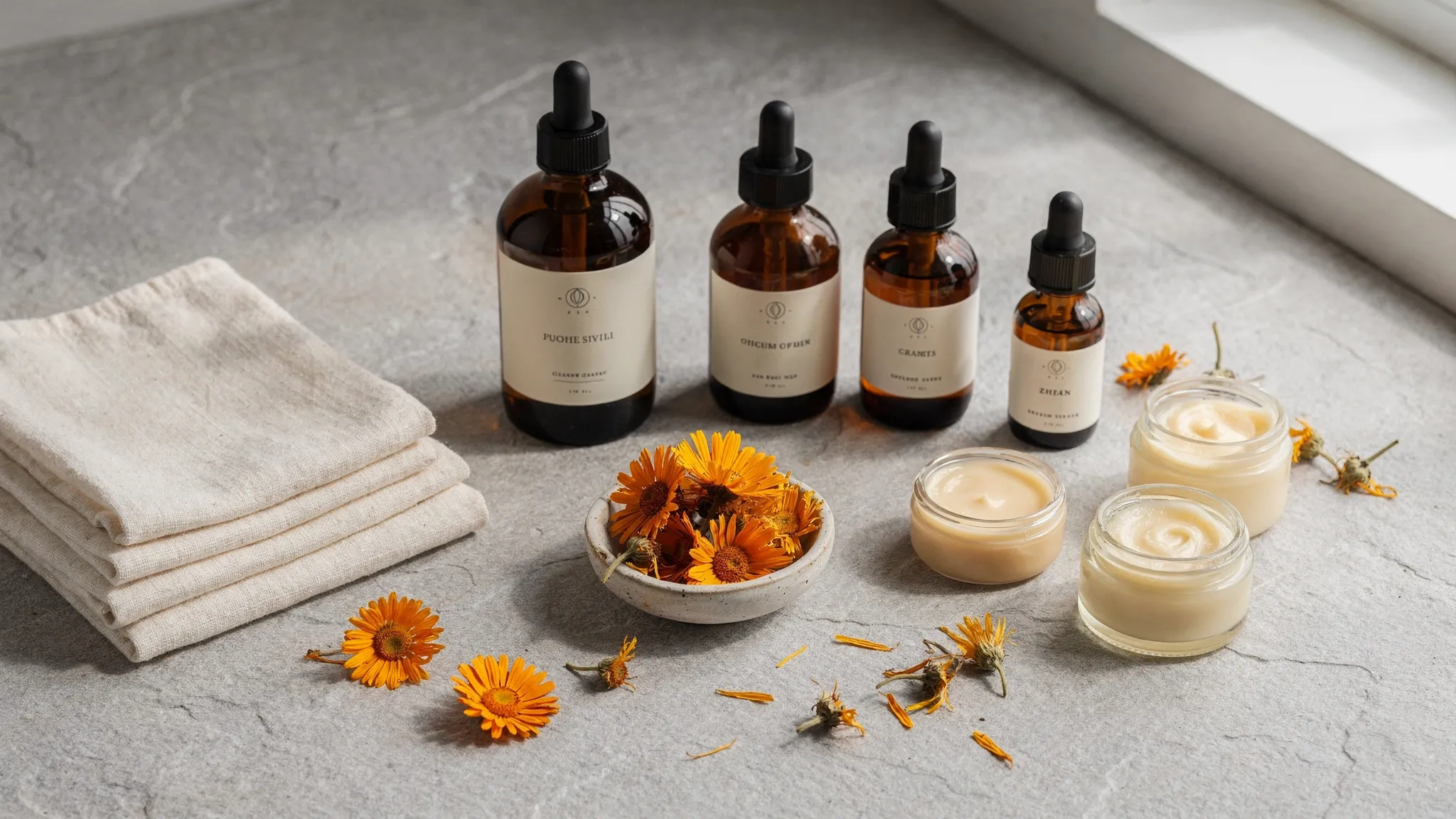 An elegant natural skincare apothecary arrangement with amber glass bottles, small balm jars, folded cotton cloths, dried calendula flowers, and soft natural light on a clean stone surface.