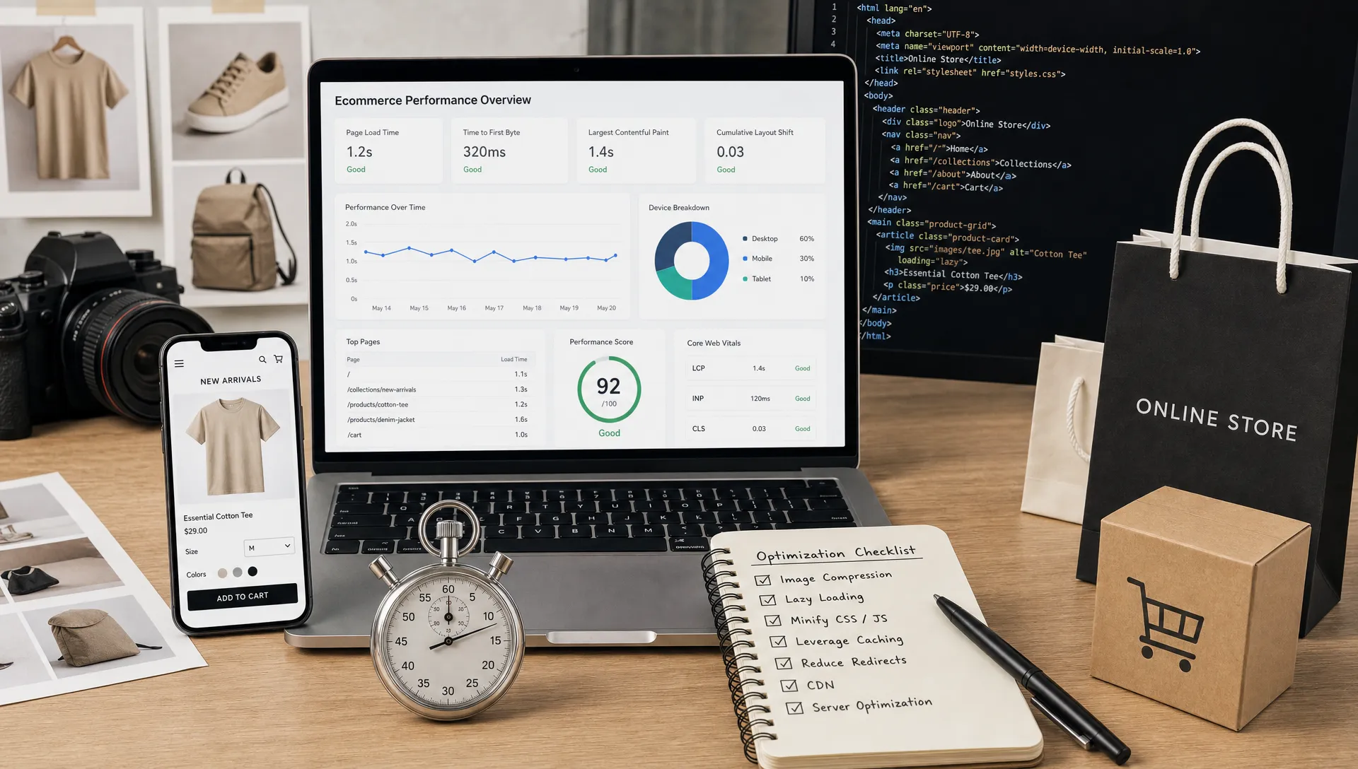 Product photos, code snippets, shopping bags and a stopwatch arranged to show ecommerce performance optimization across media, engineering and retail operations.