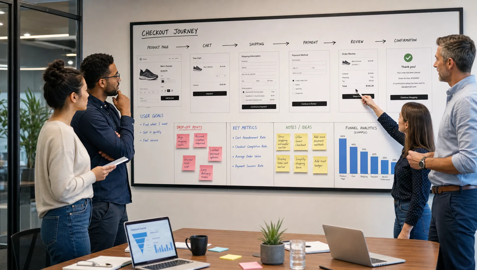 A retail team reviews a checkout journey on a wall display, with product pages, cart steps, payment options and drop-off points mapped in notes and charts.