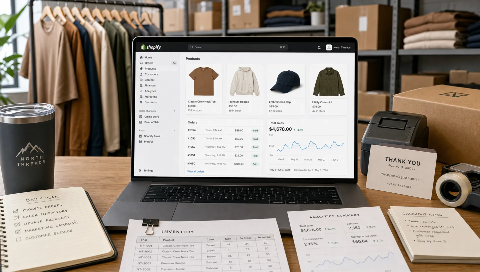 A retail workspace with a Shopify app dashboard, product cards, checkout notes, inventory sheets, and analytics on a table.
