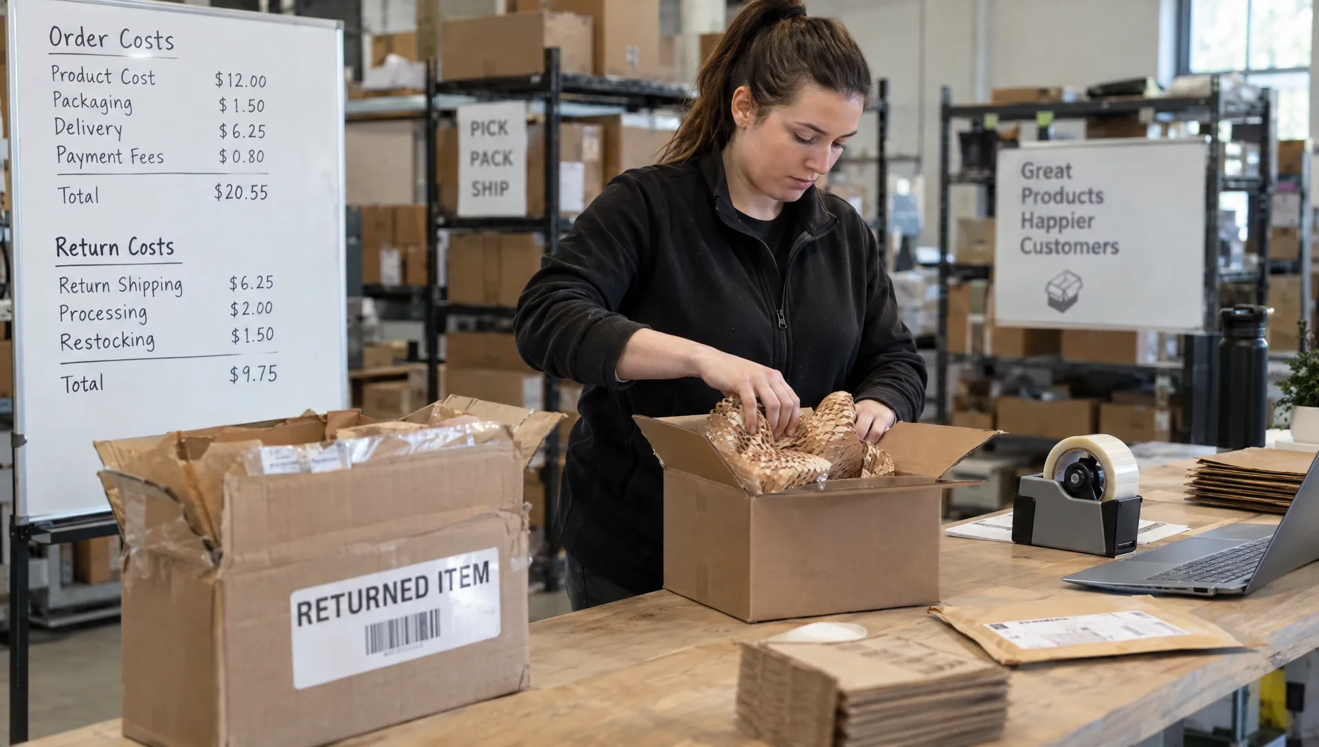 A fulfillment worker packs an online order beside a returned parcel, with cartons and packing materials showing the delivery and return costs that affect order margins.