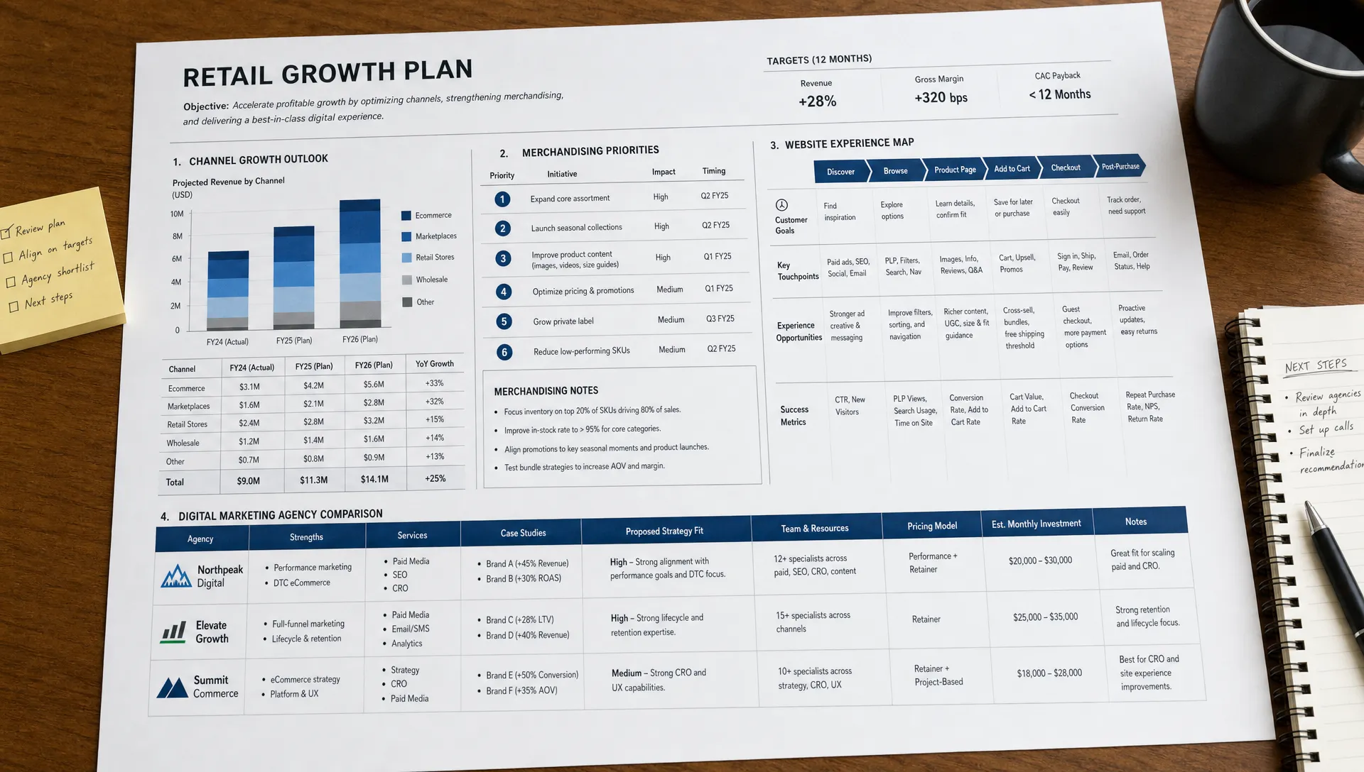 A retail growth planning table with channel charts, merchandising notes, and a website experience map for comparing ecommerce digital marketing agencies.